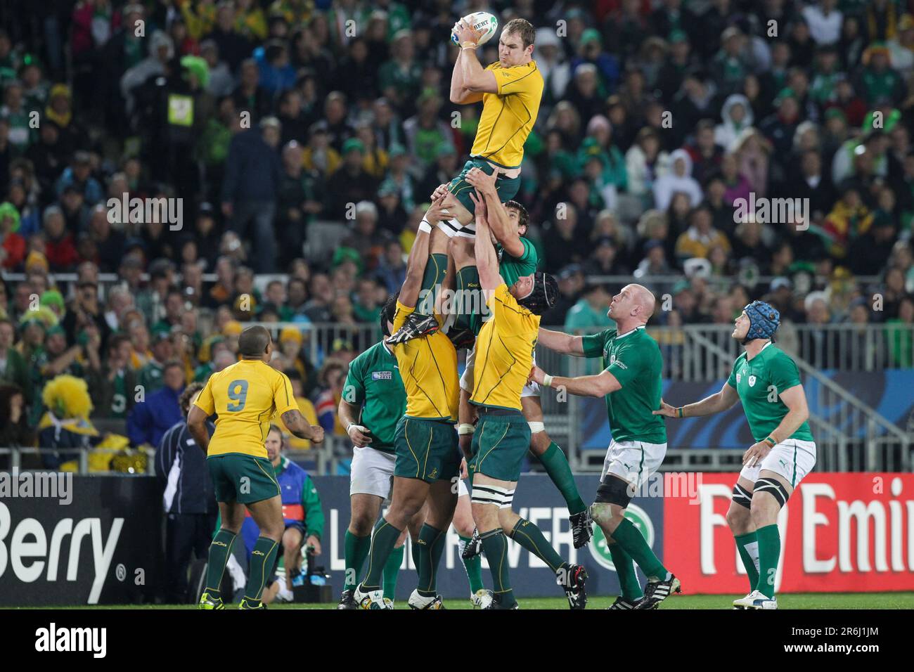 Australia’s Rocky Elsom wins a line out against Ireland during a Pool C match of the Rugby World Cup 2011, Eden Park, Auckland, New Zealand, Saturday, September 17, 2011. Stock Photo