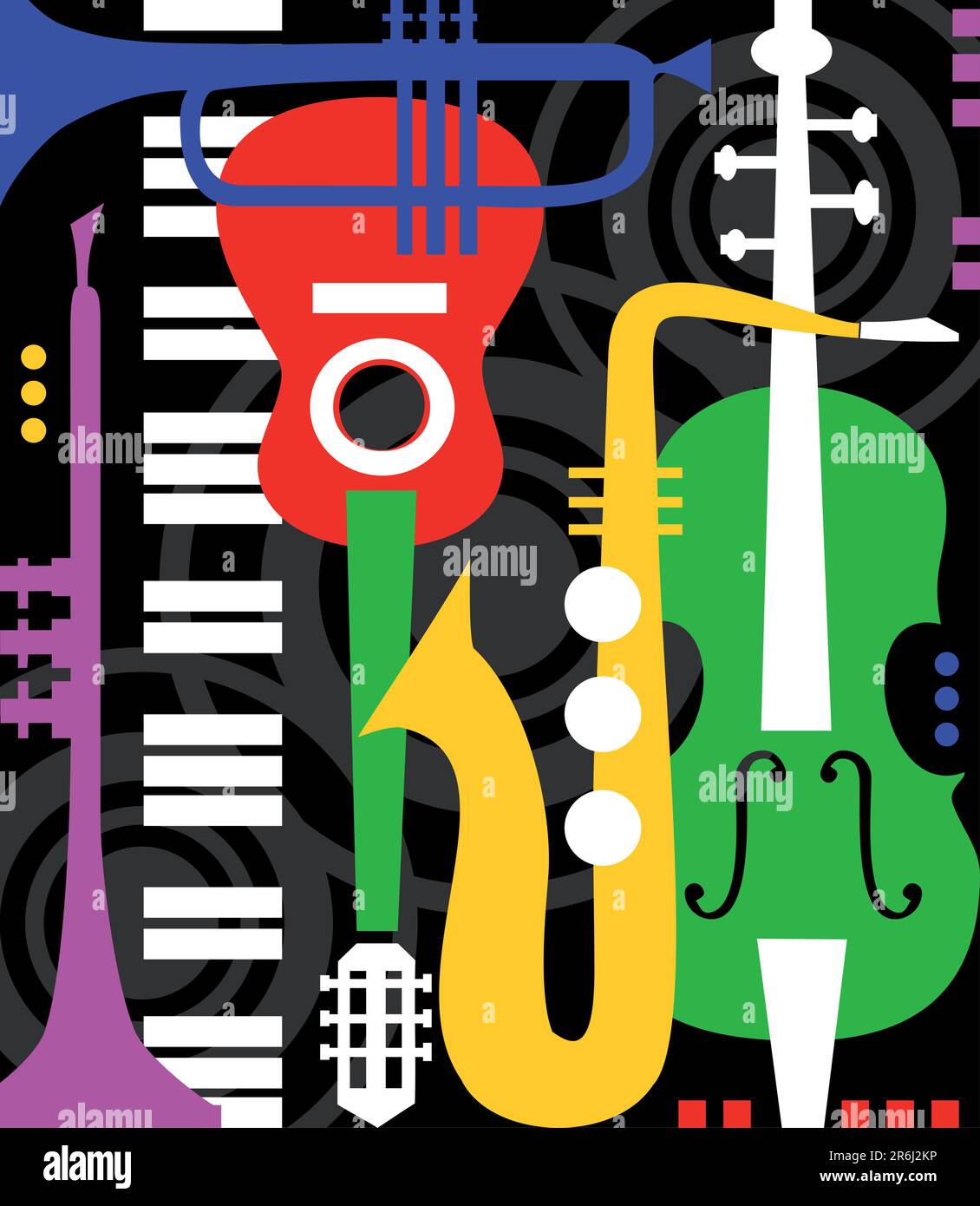 Abstract colored music instruments, full scalable vector graphic included Eps v8 and 300 dpi JPG, change the colors as you like. Stock Vector