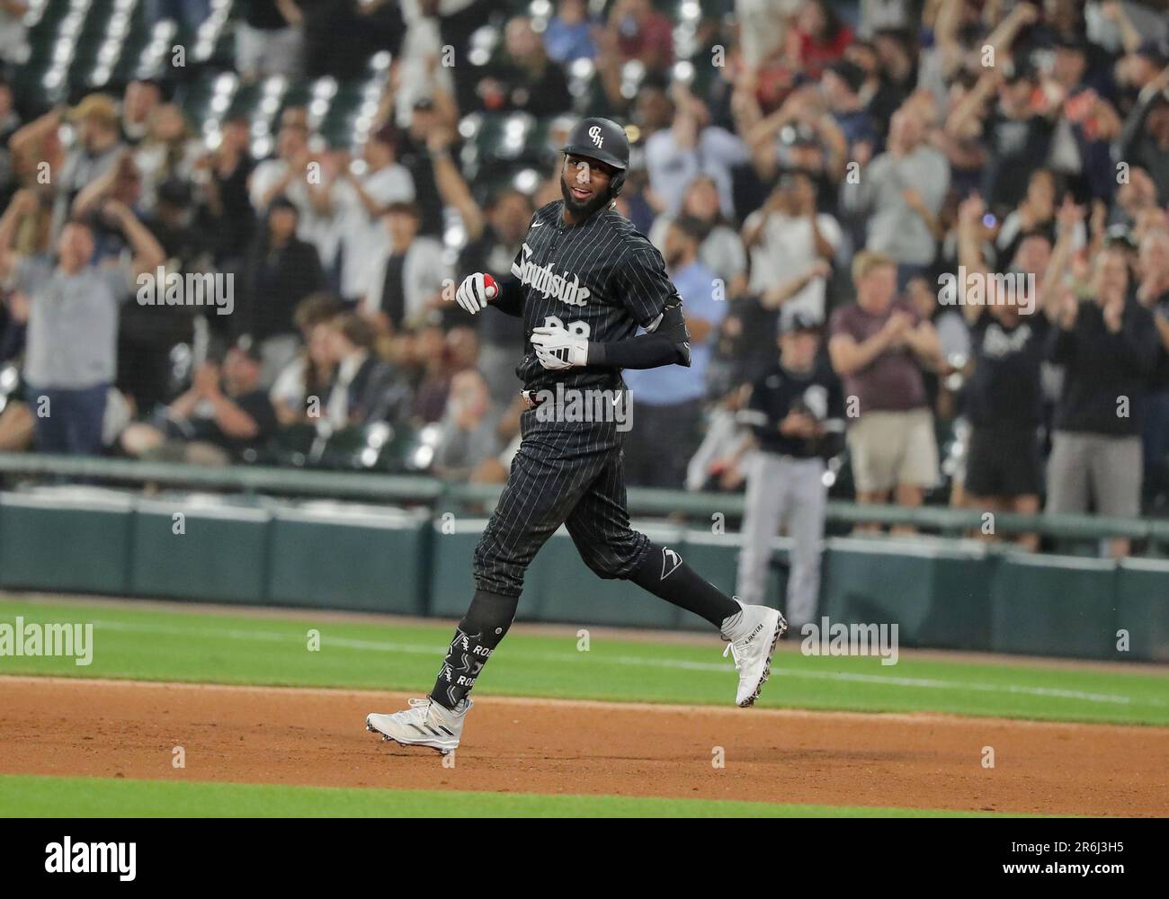 CHICAGO, IL - JUNE 09: Chicago White Sox center fielder Luis Robert Jr.  (88) looks on after hitting a game winning single during a Major League  Baseball game between the Miami Marlins