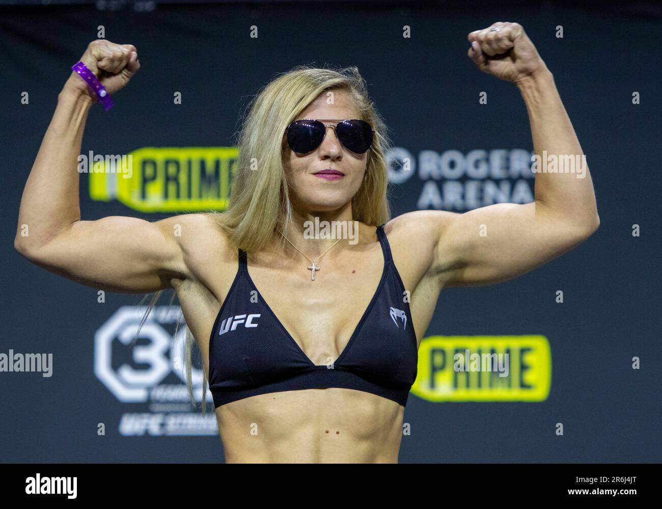 June 9, 2023: VANCOUVER, BRITISH COLUMBIA - JUNE 09: Miranda Maverick poses on the scale during the UFC 289 ceremonial weigh-in at Rogers Arena on June 09, 2023 in Vancouver, British Columbia. (Credit Image: © Tomaz Jr/PX Imagens via ZUMA Press Wire) EDITORIAL USAGE ONLY! Not for Commercial USAGE! Stock Photo