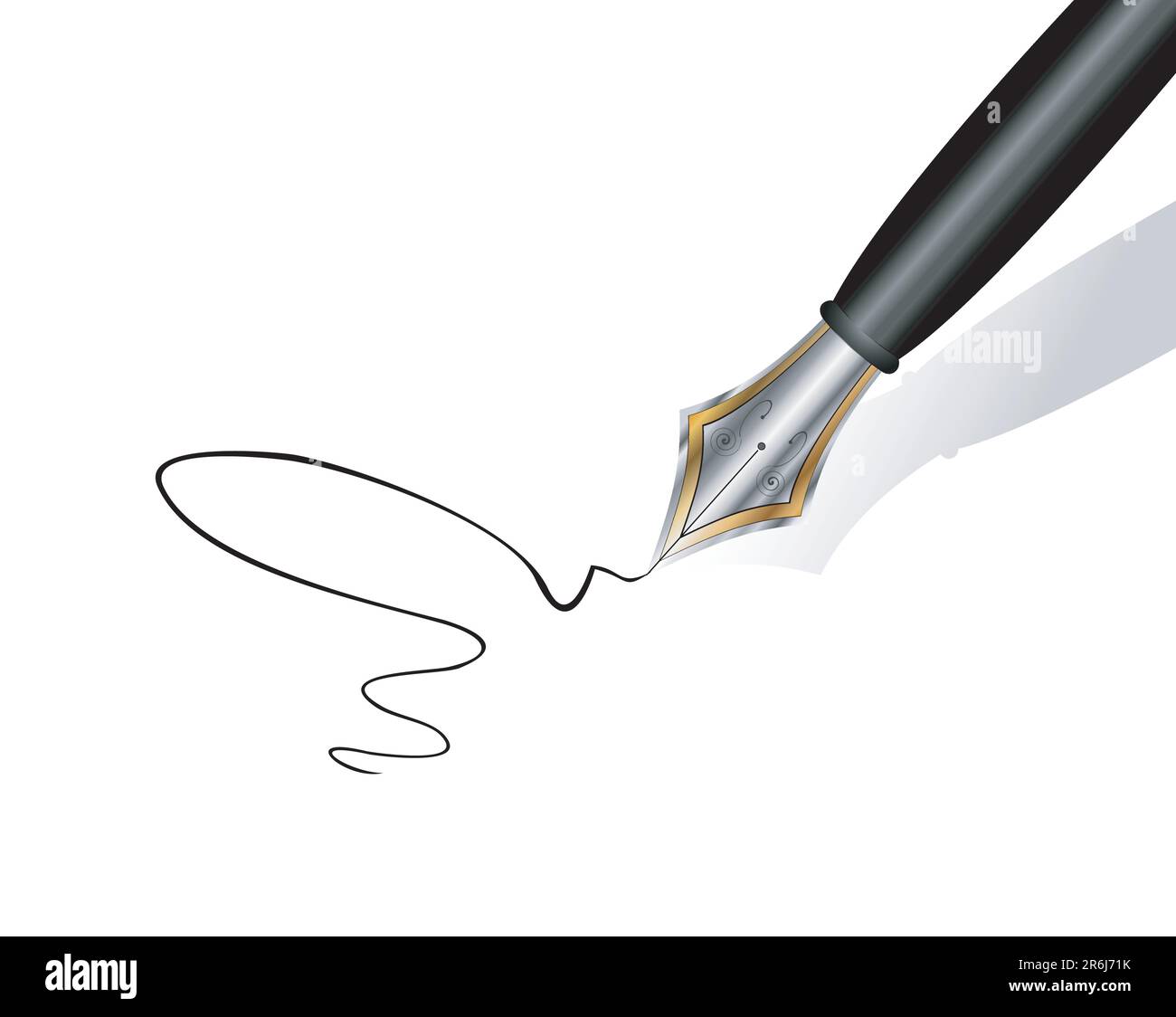 An elegant gold and iron fountain pen writing on white paper Stock