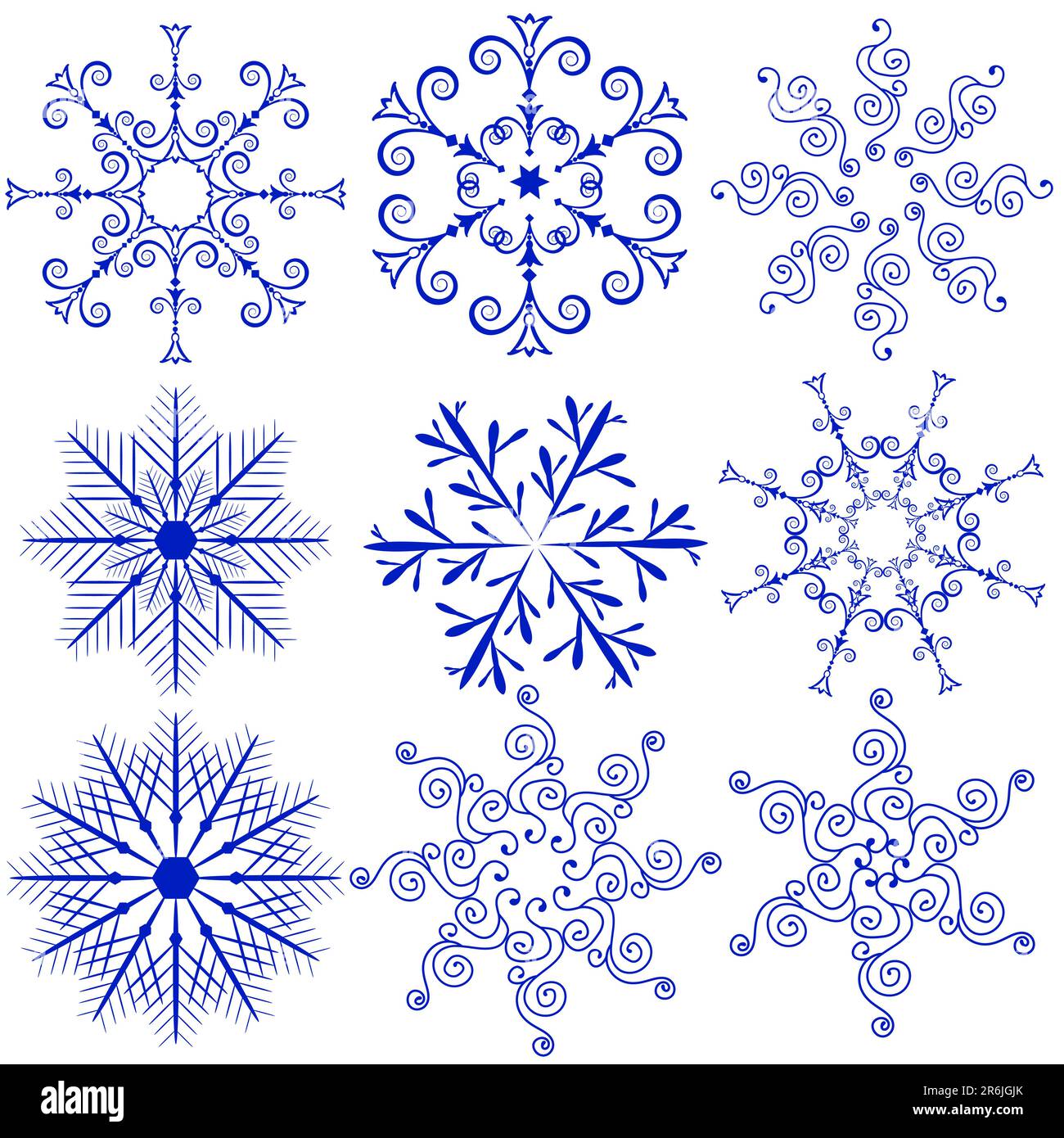 Doodle snowflakes. Variations of winter blue symmetrical snow