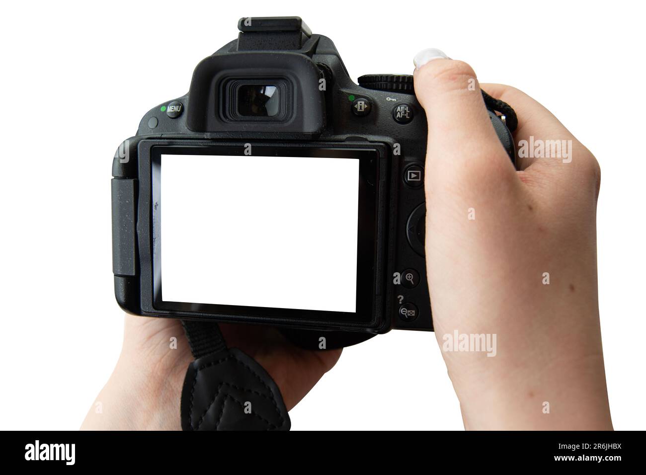Isolated image of girls hands holding digital camera. Blank screen