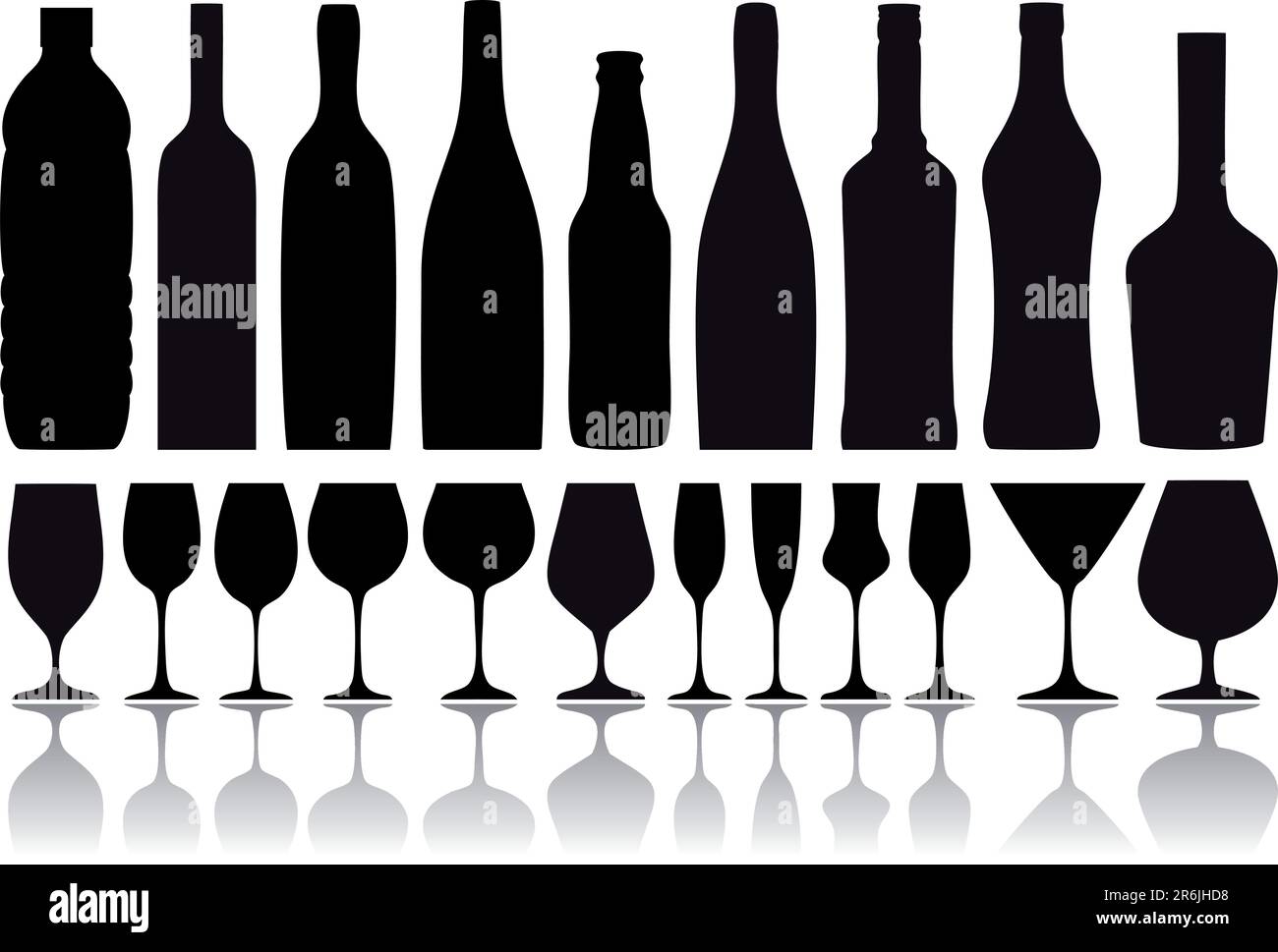 set of wine glass and bottle silhouettes, vector background Stock