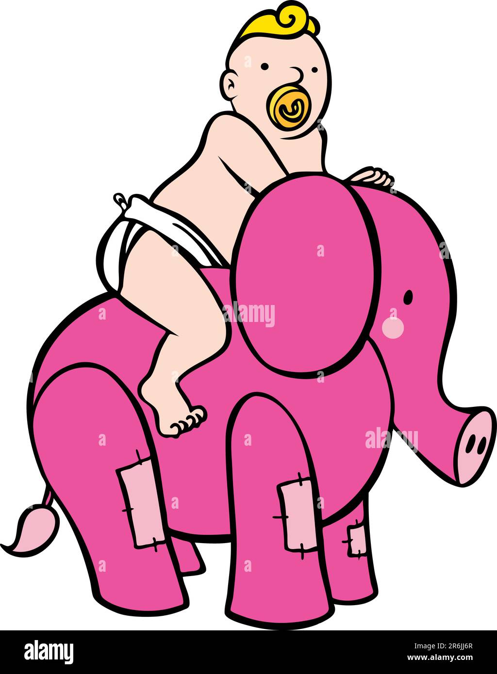 An image of a baby riding a stuffed elephant toy. Stock Vector