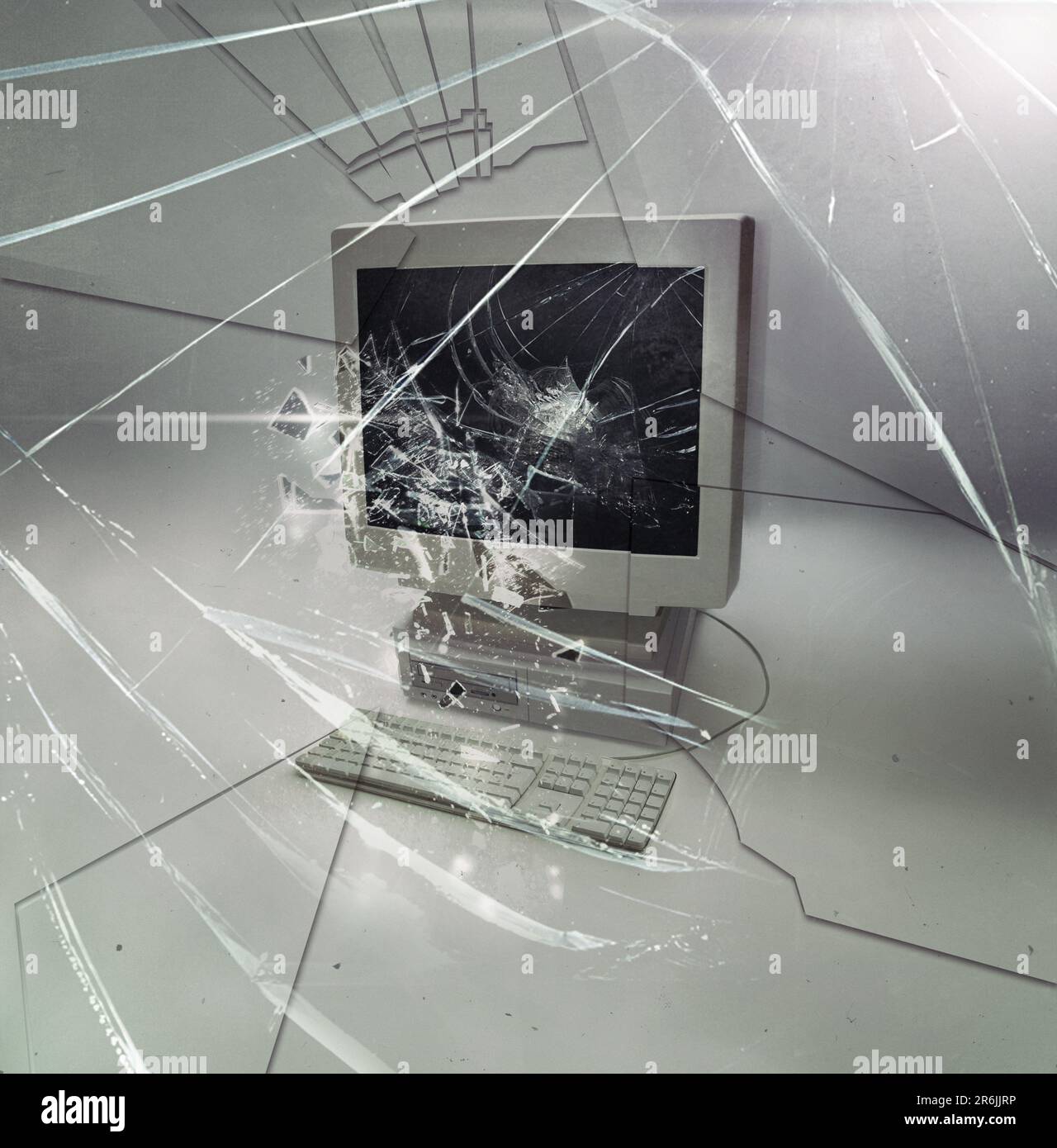 Crack, glass and isolated desktop computer with problem, destruction