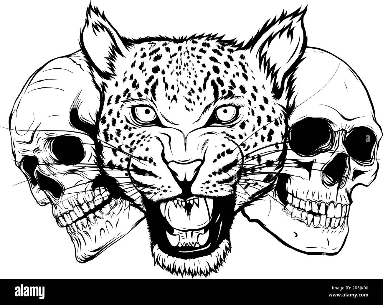 Monochrome Leopard face with two human skull. Vector illustration on ...