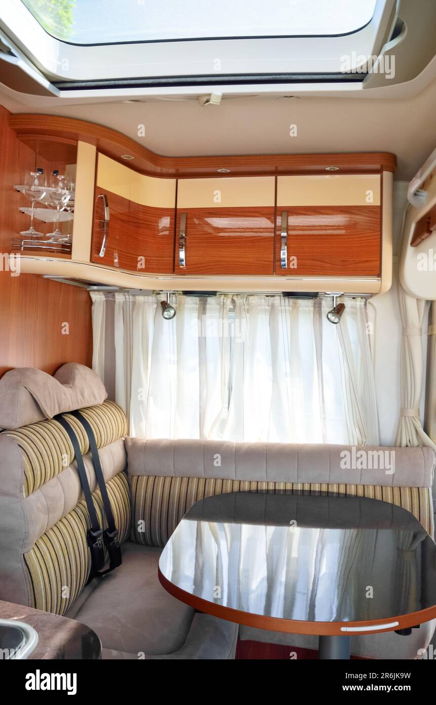 Camper van, rv, caravan interior, inside view of motorhome for family holiday travel Stock Photo