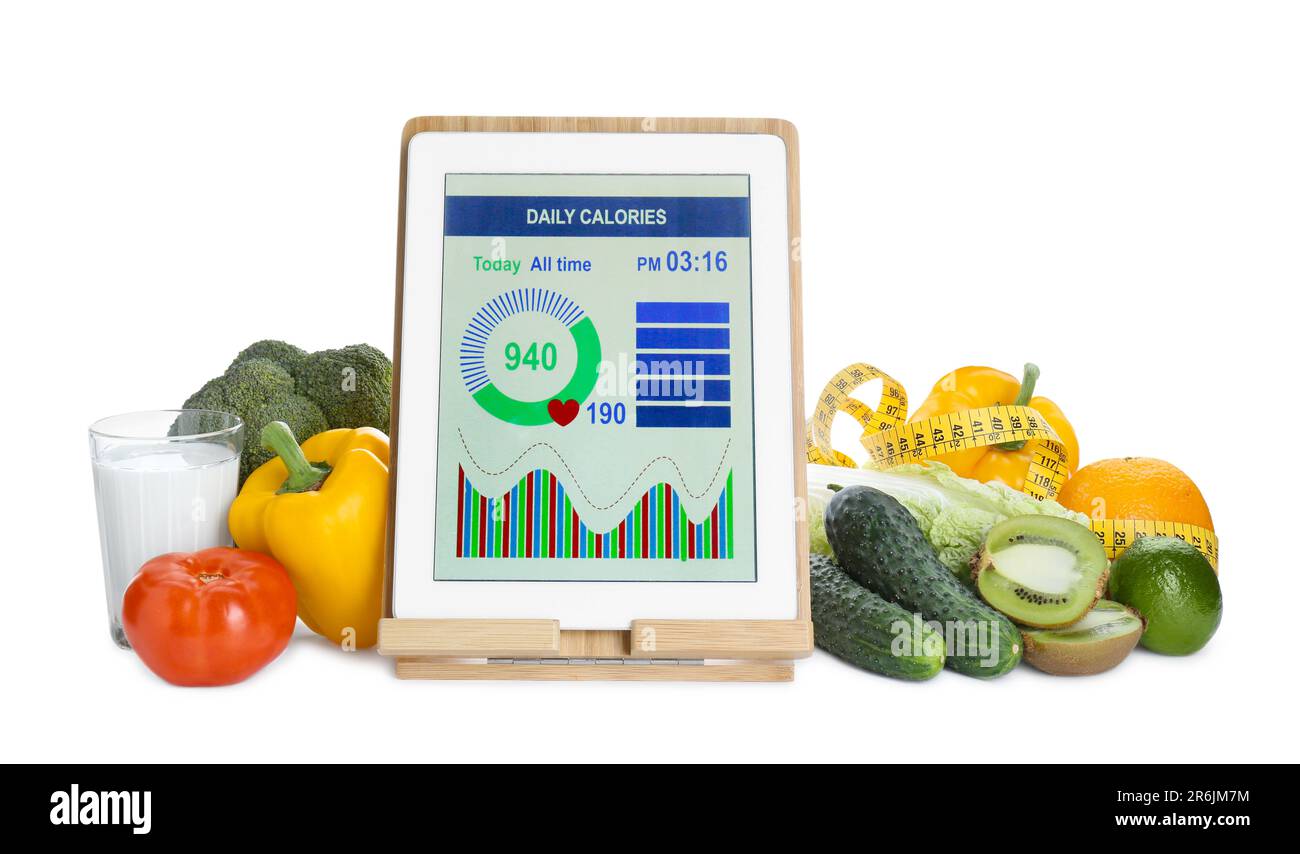 Tablet with weight loss calculator application, measuring tape and food ...