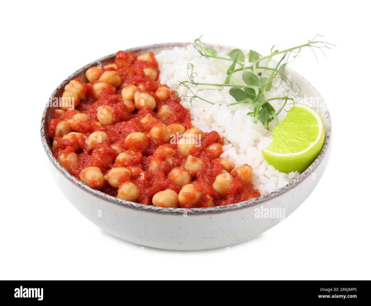 Delicious chickpea curry with rice isolated on white Stock Photo Alamy
