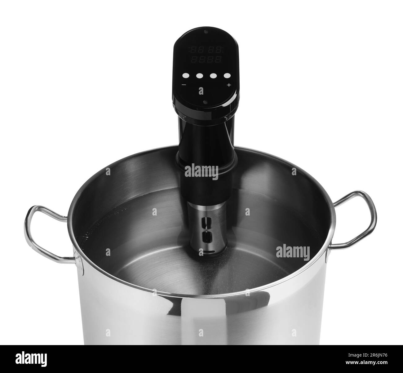 Thermal immersion circulator in pot isolated on white, closeup. Sous