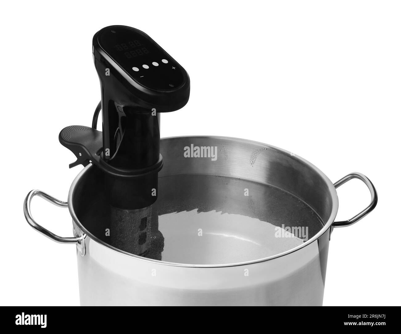 Thermal immersion circulator for sous vide cooking in pot on white background, closeup Stock