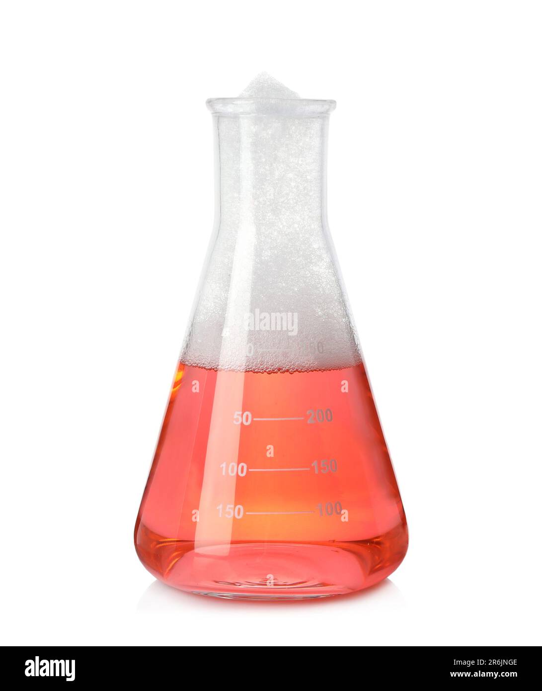 Laboratory flask with colorful liquid isolated on white. Chemical