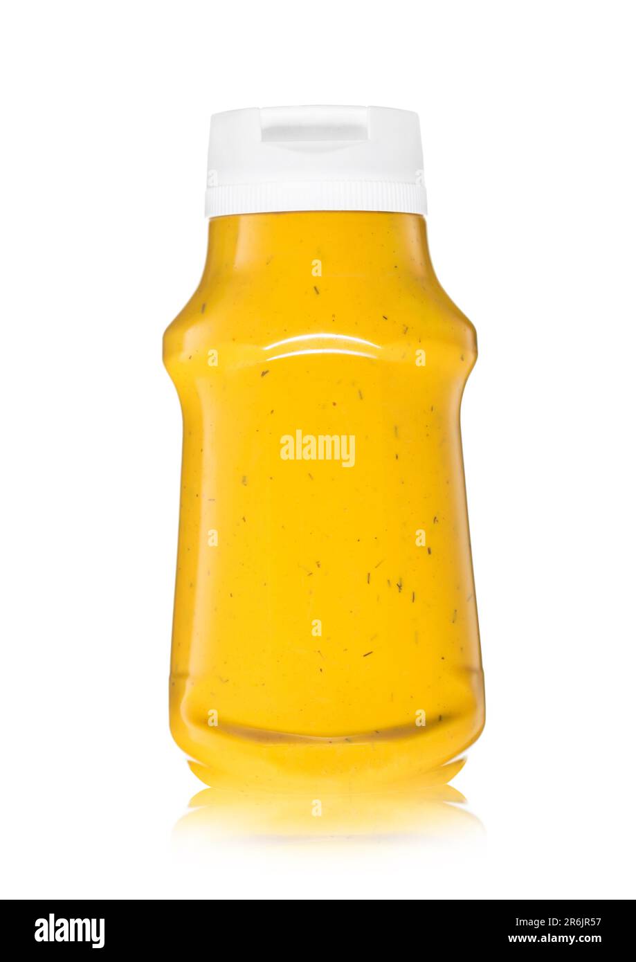Hot dog creamy classic sauce with mustard in plastic bottle on white