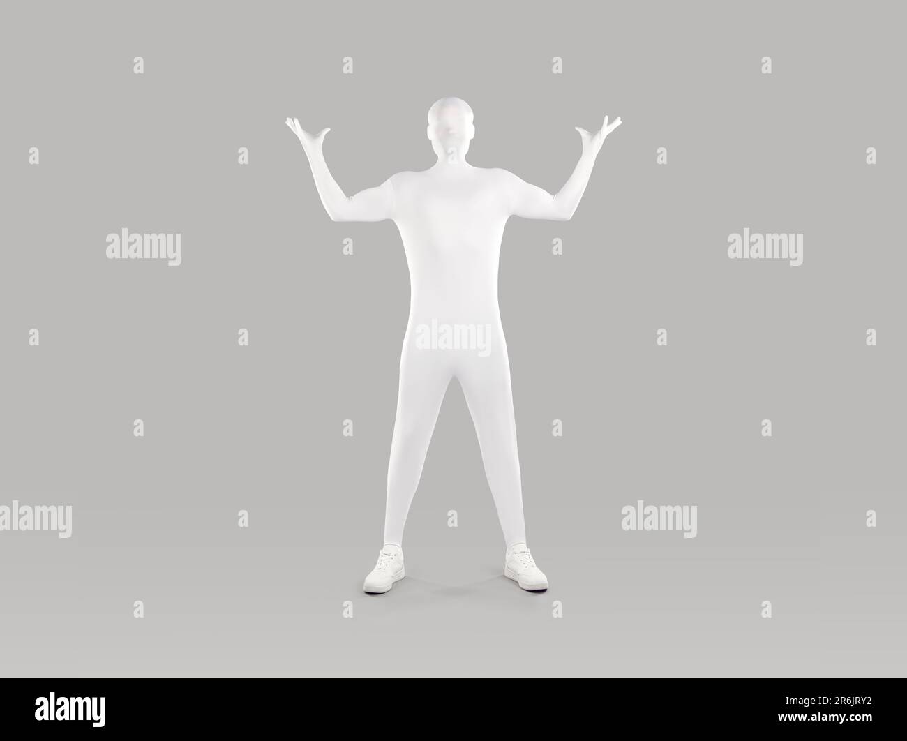 Faceless man in white body suit standing with raised hands Stock Photo
