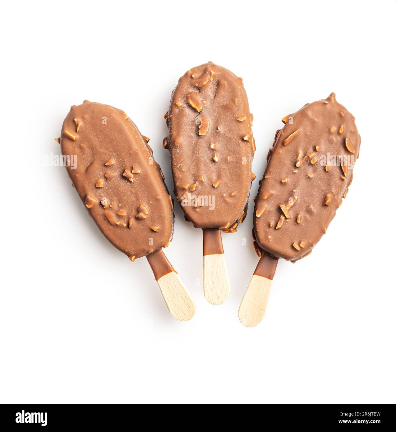 Popsicle, ice cream covered with chocolate isolated on the white background. Stock Photo