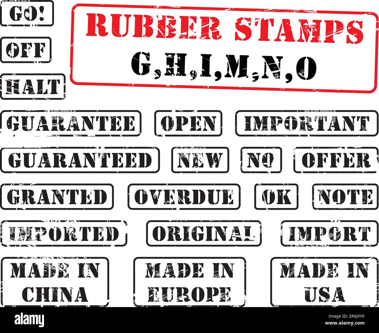 Collection of rubber stamps with words begining with letter G, H, I, M, N, O. See other rubber stamp colections in my portfolio. Stock Vector