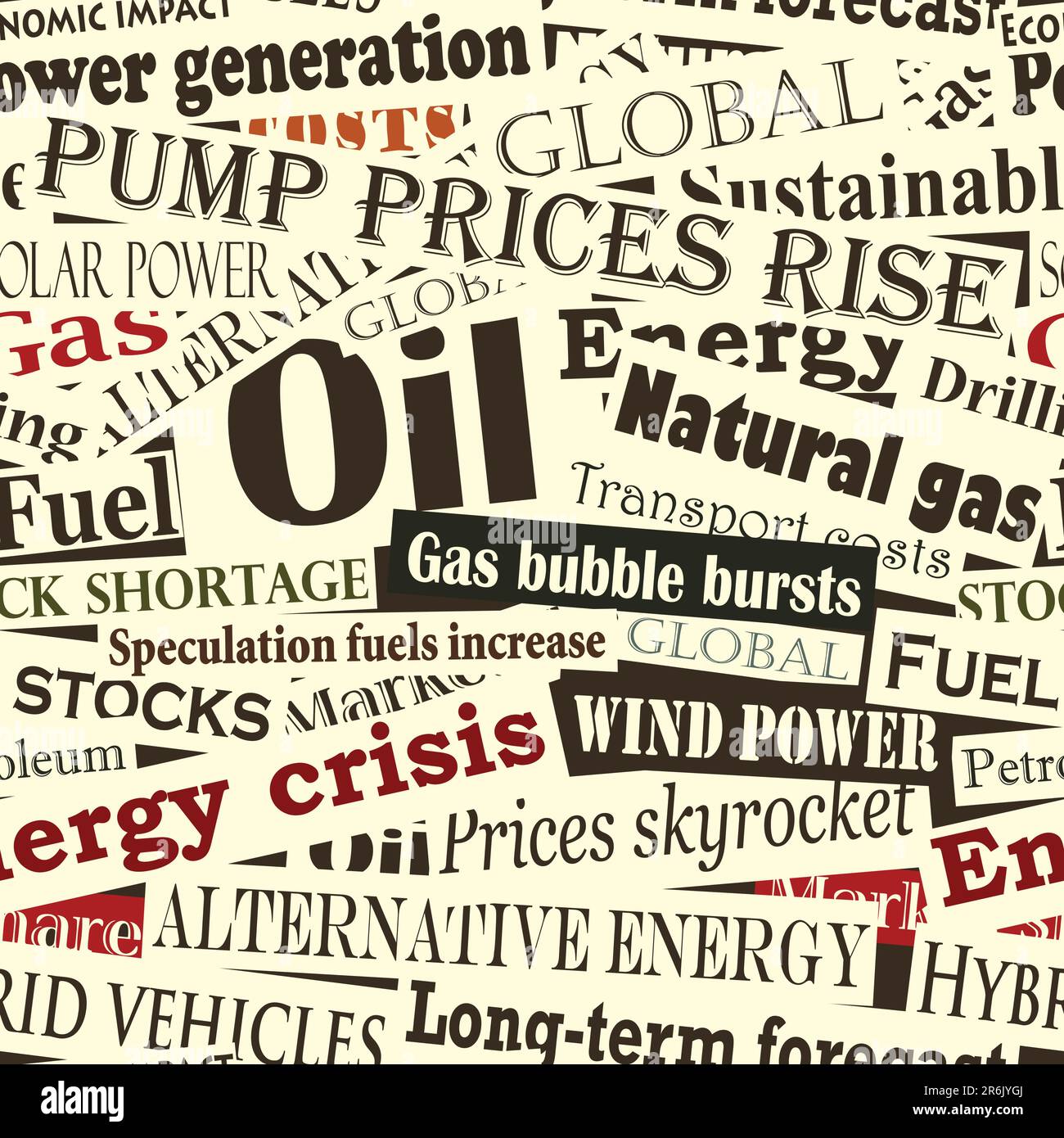 Editable vector seamless tile of energy headlines Stock Vector
