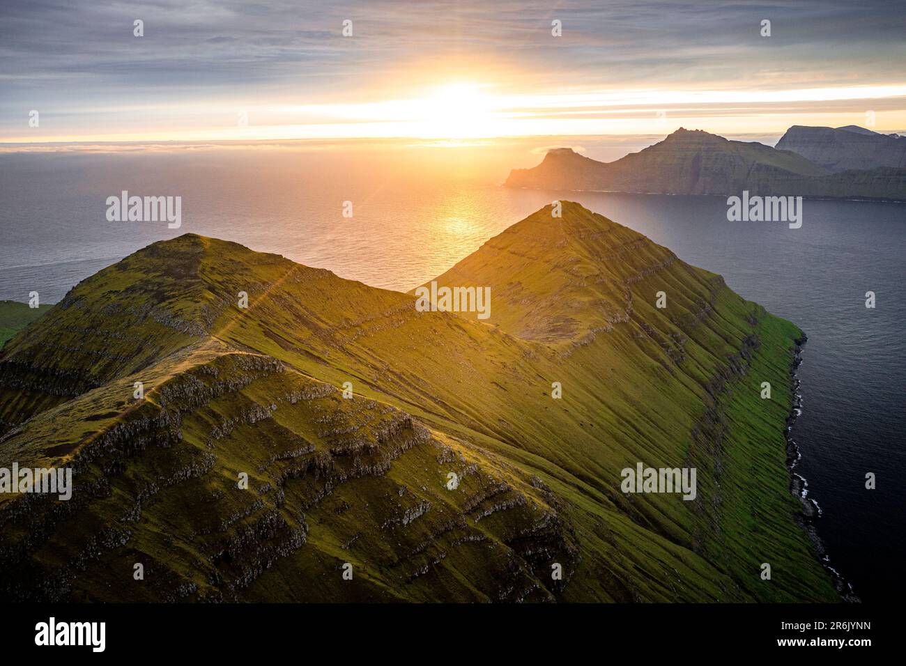 Sunrise over Kalsoy Island and Funningur fjord, aerial view, Eysturoy Island, Faroe Islands, Denmark, Europe Stock Photo