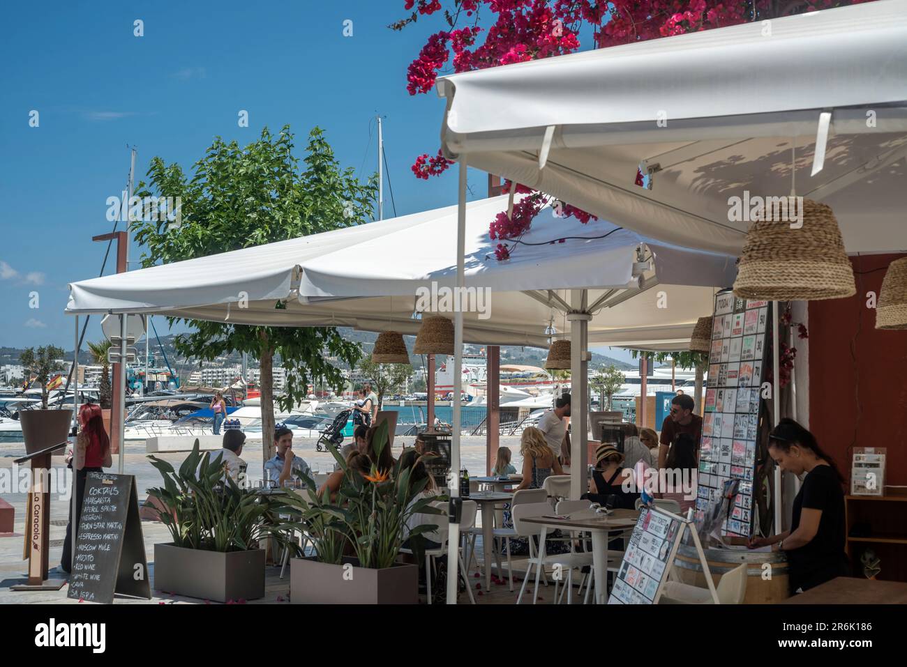 OUTDOOR CAFES AVENIDA DE LES ANDANES WATERFRONT OLD TOWN IBIZA BALEARIC ISLANDS SPAIN Stock Photo