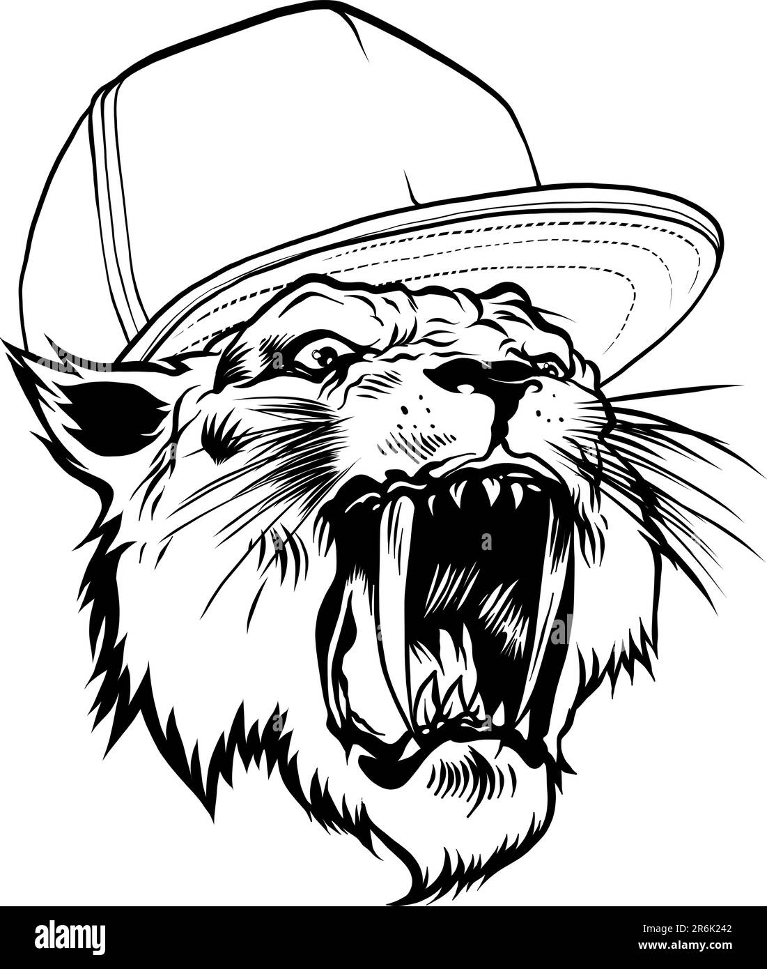 monochrome Lion angry wearing with hat. vector illustration draw Stock ...