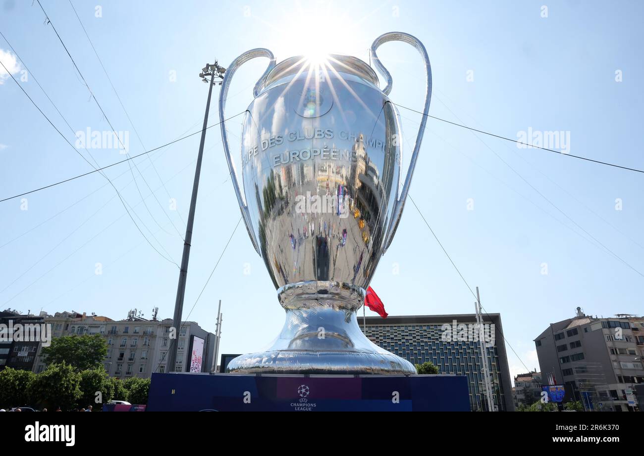 A large inflatable champions league trophy is seen in Taksim Square ahead of the Champions league final in Istanbul. Picture date: 10th June 2023. Picture credit should read: Paul Terry/Sportimage Credit: Sportimage Ltd/Alamy Live News Stock Photo