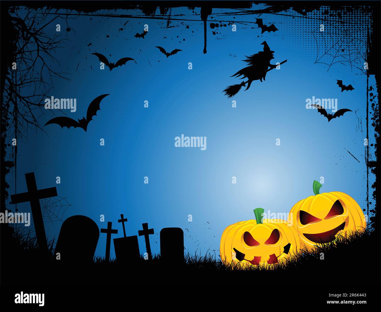 Spooky Halloween background with evil pumpkins and a witch on broomstick Stock Vector