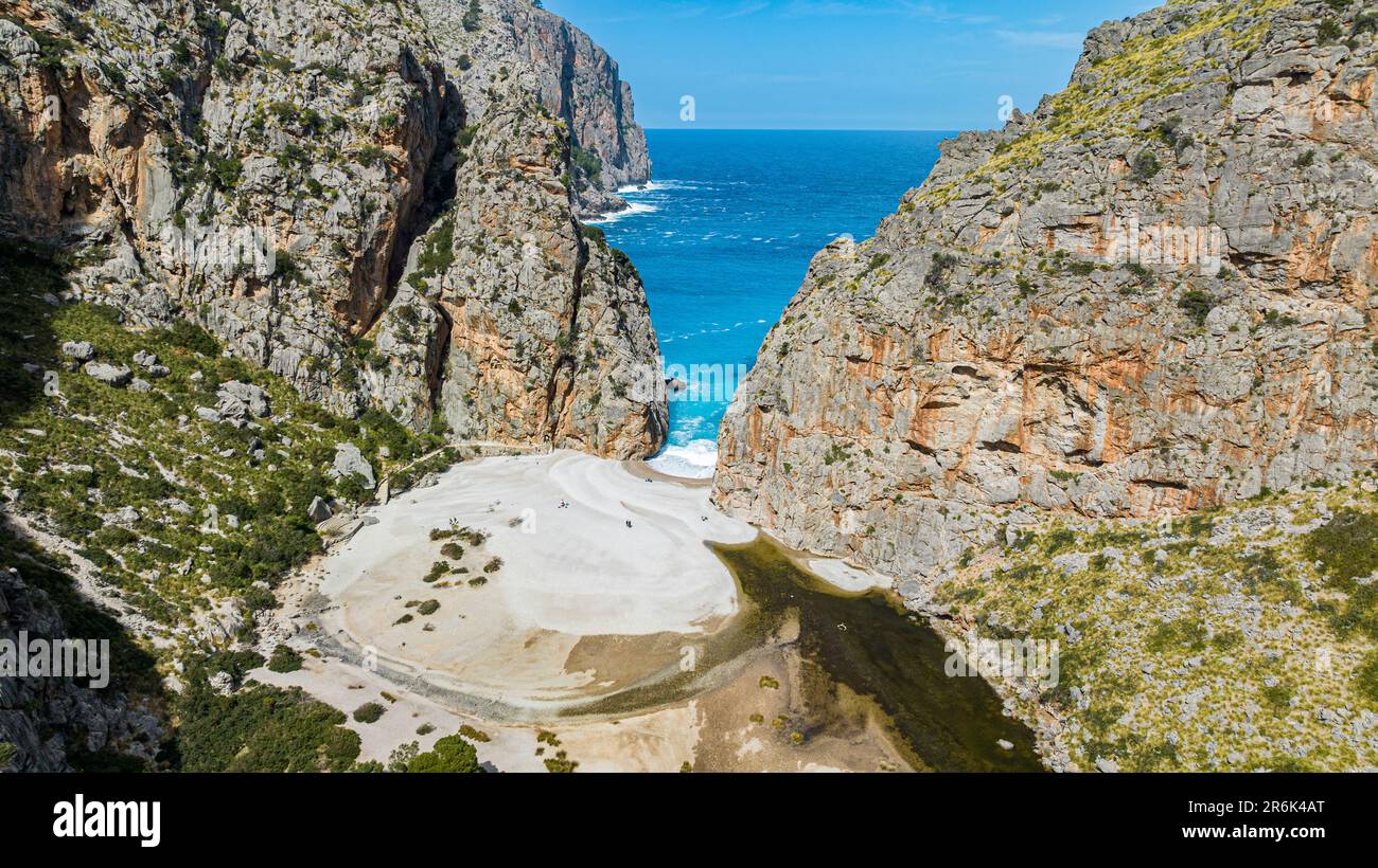 Aerial of the Gorge of Sa Calobra, Mallorca, Balearic Islands, Spain, Mediterranean, Europe Stock Photo