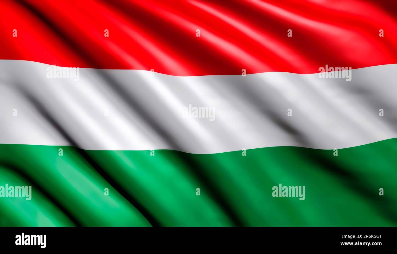 colored flag of the state of Hungary depicted on textiles with soft folds Stock Photo