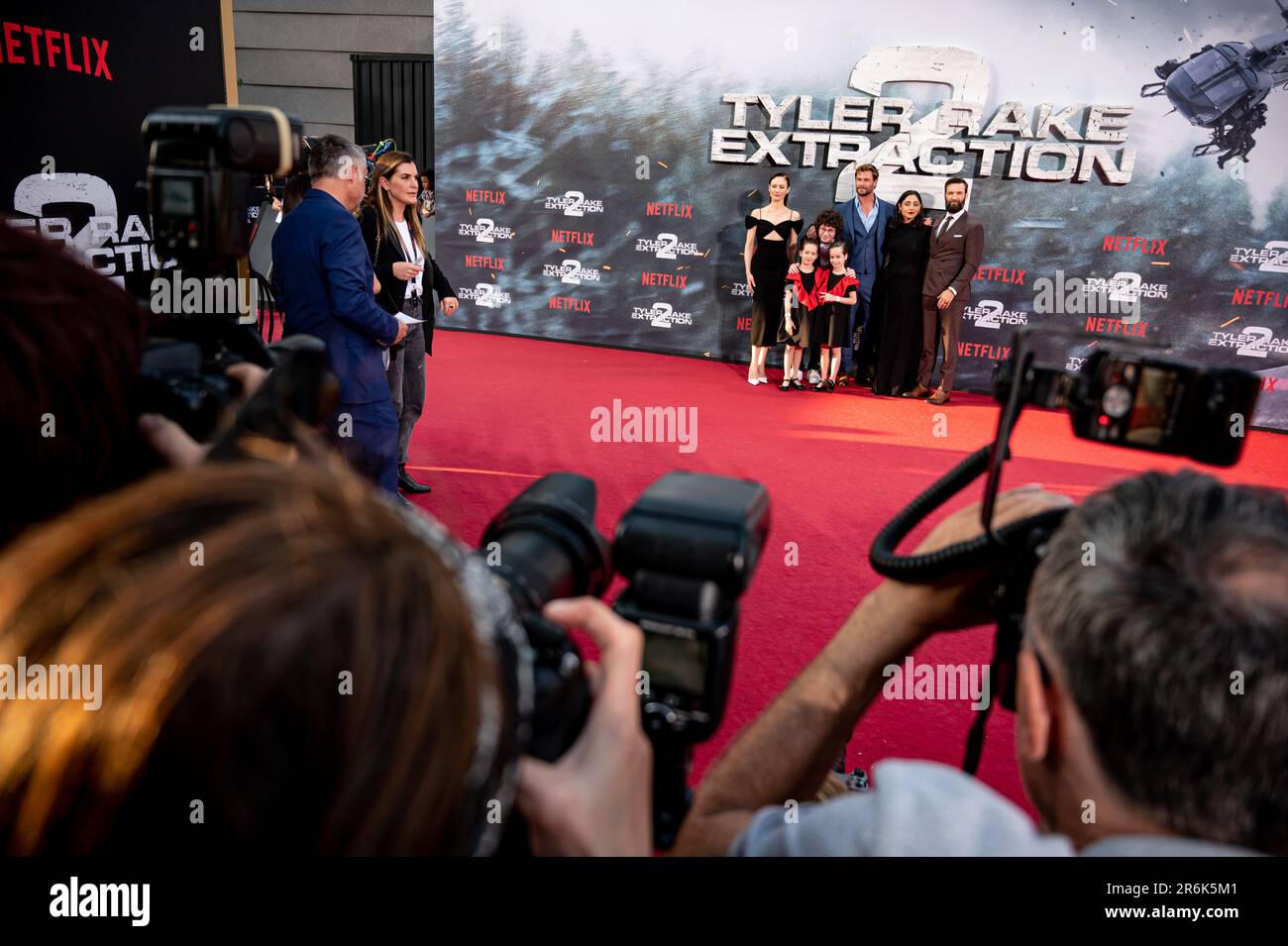 Berlin, Germany. 09th June, 2023. Olga Kurylenk (l-r), actress, Andro Japaridze, actor, Miriam and Marta Kovziashvili, actress, Chris Hemsworth, actor, Golshifteh Farahani, actress, and Sam Hargrave, director, arrive at a special screening of the film 'Tyler Rake: Extraction 2.' The action movie 'Tyler Rake: Extraction 2' will be made available through Netflix starting June 16, 2023. Credit: Fabian Sommer/dpa/Alamy Live News Stock Photo