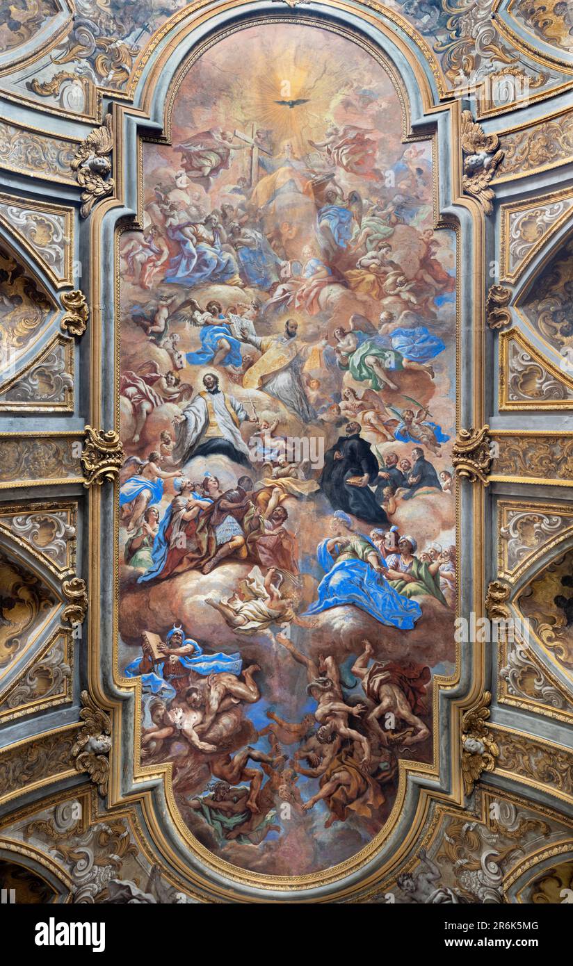 NAPLES, ITALY APRIL 20, 2023 The ceiling fresco Triumph of religion