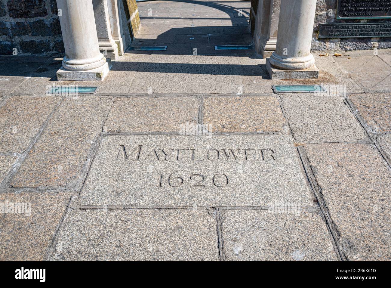 HIstoric mayflower steps in the Barbican in Plymouth, Devon. Stock Photo