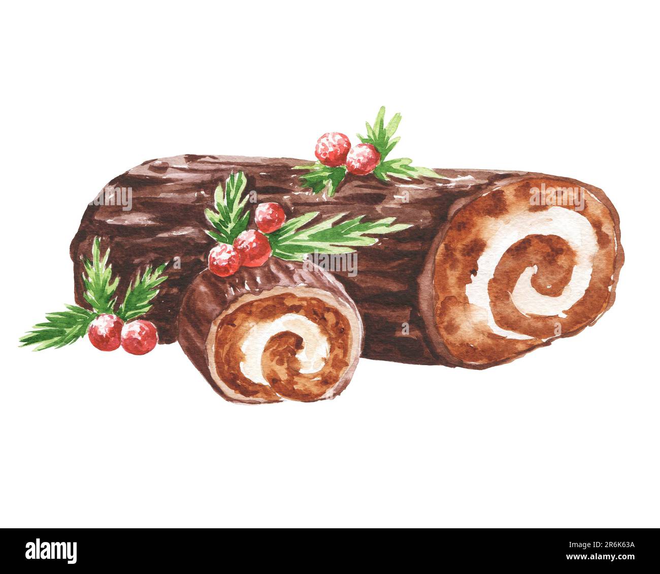 Watercolour bûche de Noël traditional Christmas cake. French dessert, food illustration. Stock Photo