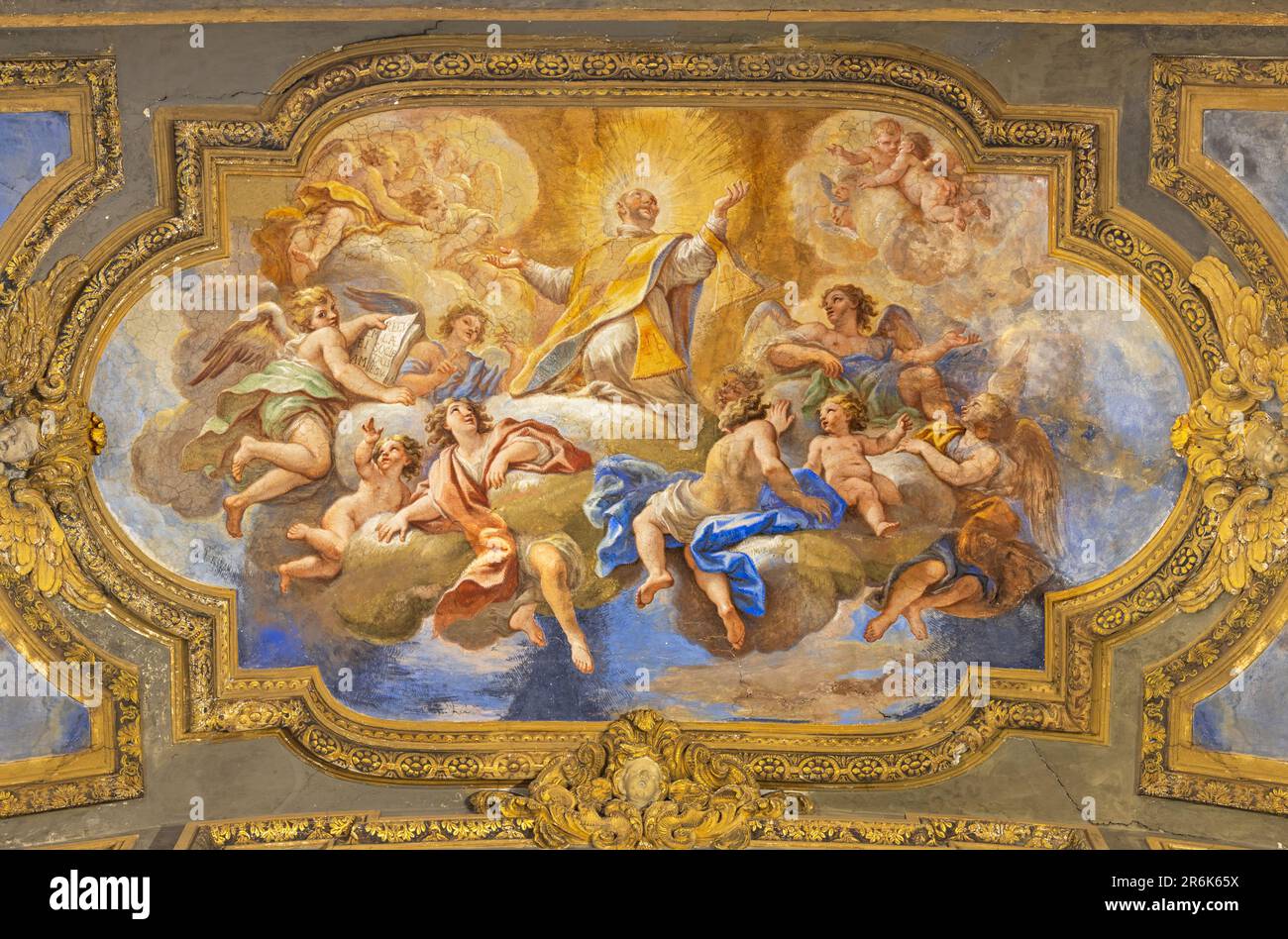 NAPLES, ITALY - APRIL 20, 2023: The ceiling fresco of St. Ignace in the church Chiesa di San Ferdinando by Paolo De Matteis (1695 - 1698). Stock Photo
