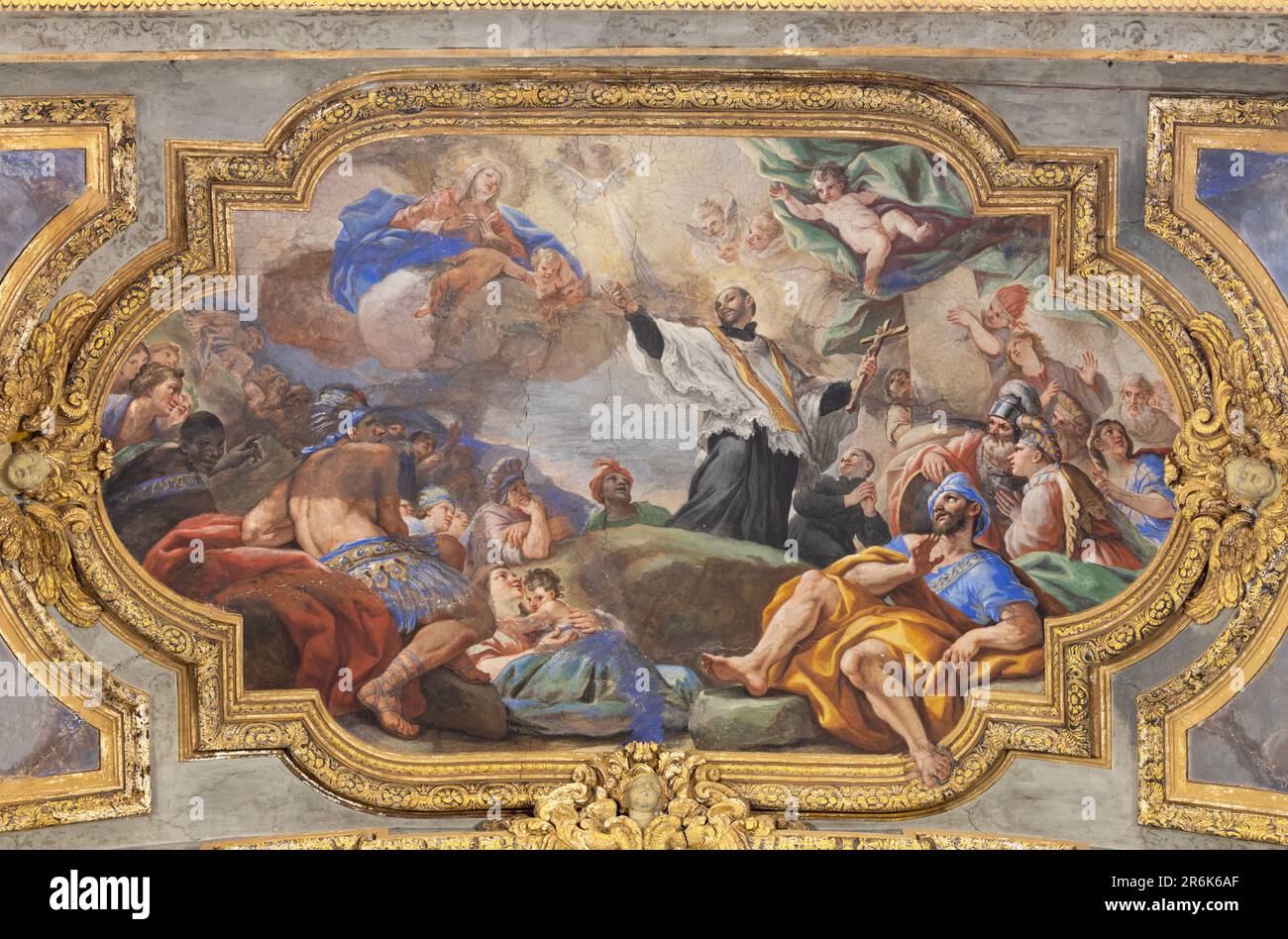 NAPLES, ITALY - APRIL 20, 2023: The ceiling fresco of St. Francis Xavier in the church Chiesa di San Ferdinando by Paolo De Matteis (1695 - 1698). Stock Photo