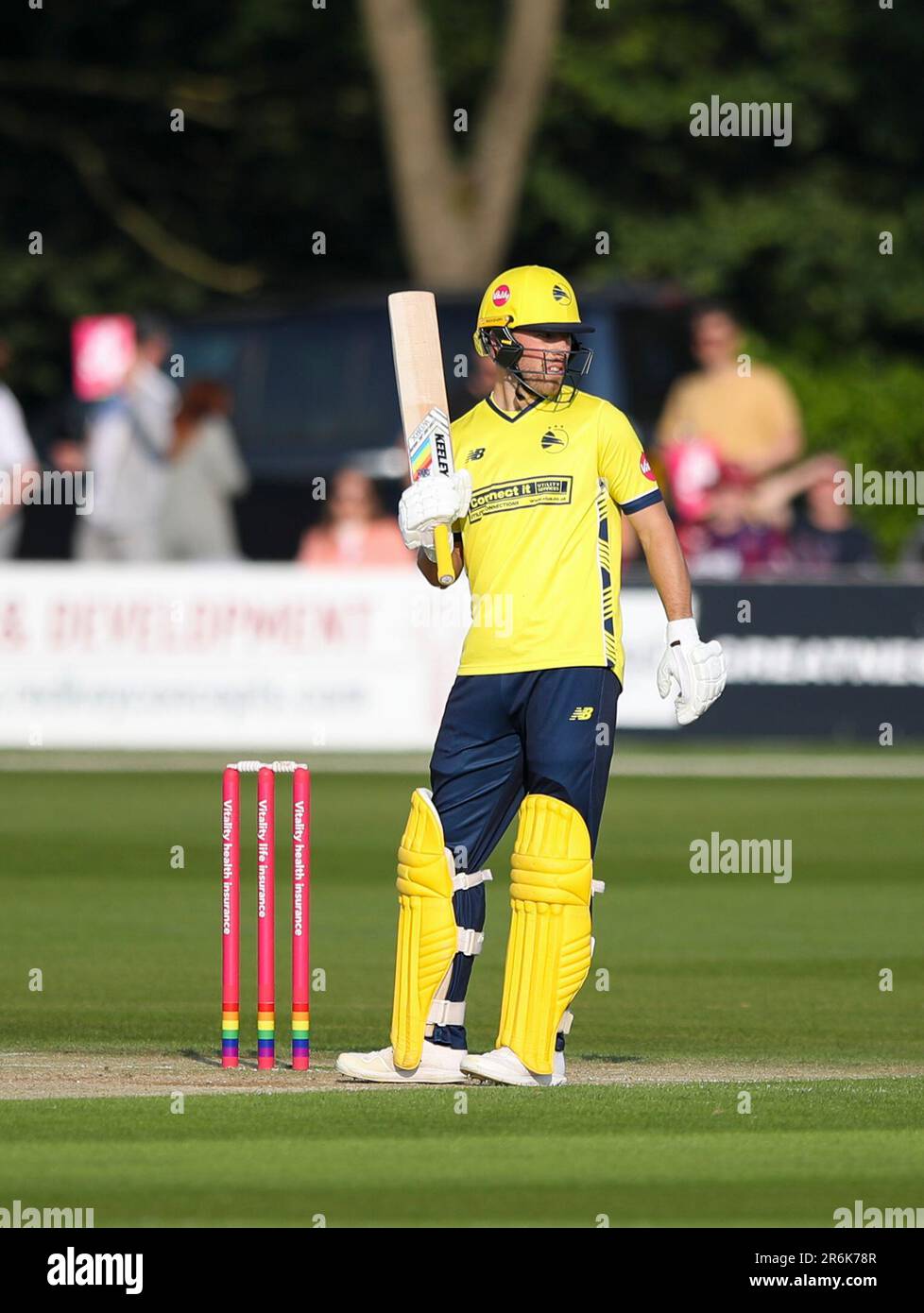 Joe Weatherley Hampshire cricket batsman during the Vitality T20 Blast match between Kent Spitfires vs Hampshire Hawks at the St Lawrence Ground, Canterbury on Friday 9th June 2023. (Photo: Tom West | MI News) Credit: MI News & Sport /Alamy Live News Stock Photo