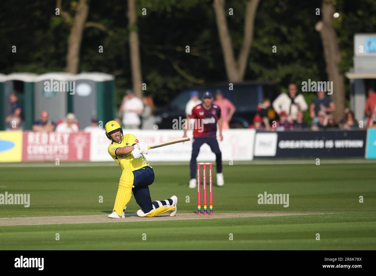 Joe Weatherley Hampshire cricket batsman in batting action during the Vitality T20 Blast match between Kent Spitfires vs Hampshire Hawks at the St Lawrence Ground, Canterbury on Friday 9th June 2023. (Photo: Tom West | MI News) Credit: MI News & Sport /Alamy Live News Stock Photo