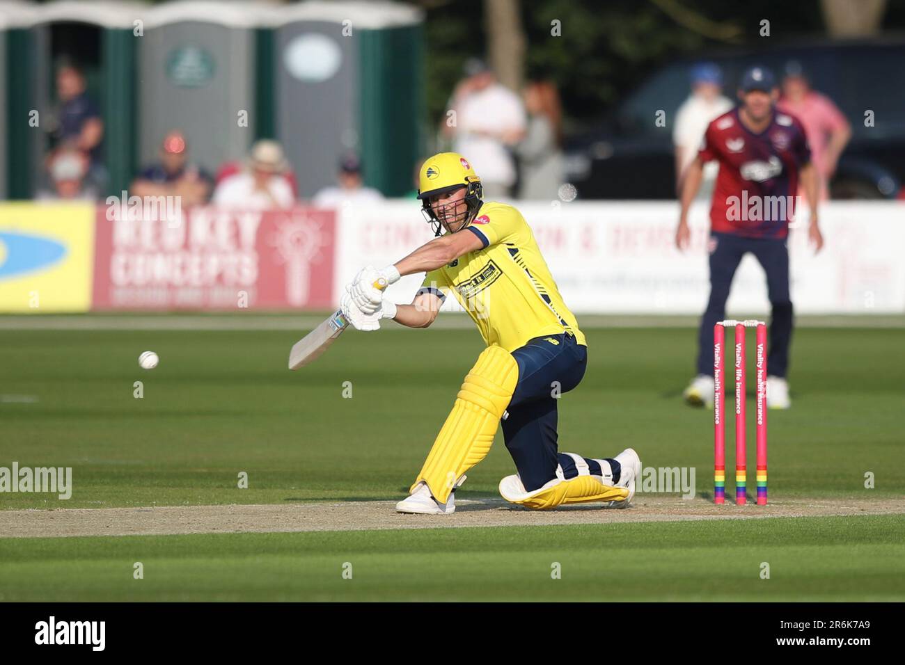 Joe Weatherley Hampshire cricket batsman in batting action during the Vitality T20 Blast match between Kent Spitfires vs Hampshire Hawks at the St Lawrence Ground, Canterbury on Friday 9th June 2023. (Photo: Tom West | MI News) Credit: MI News & Sport /Alamy Live News Stock Photo