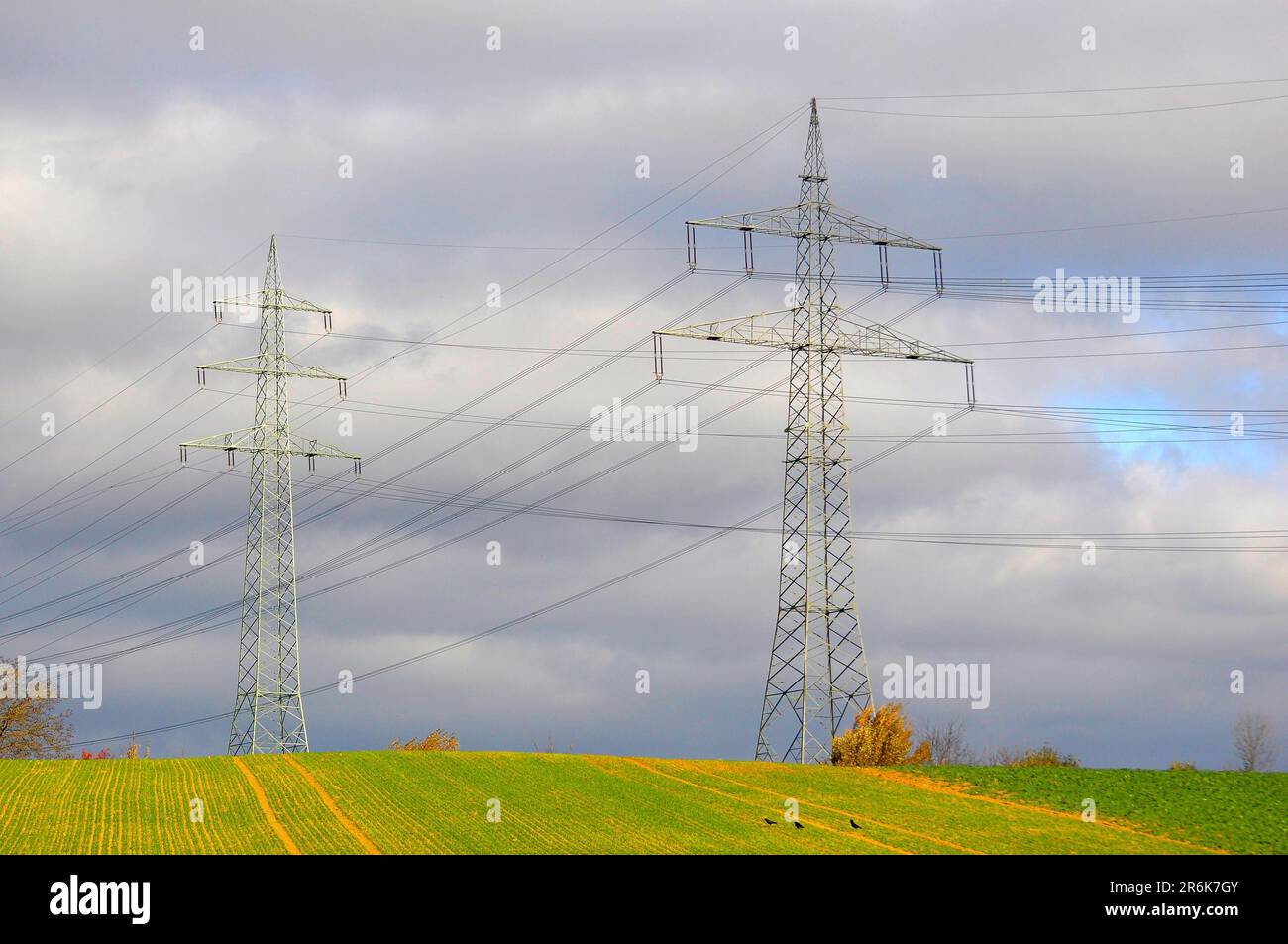 Electric overhead power pole in the field, rainy weather, power poles