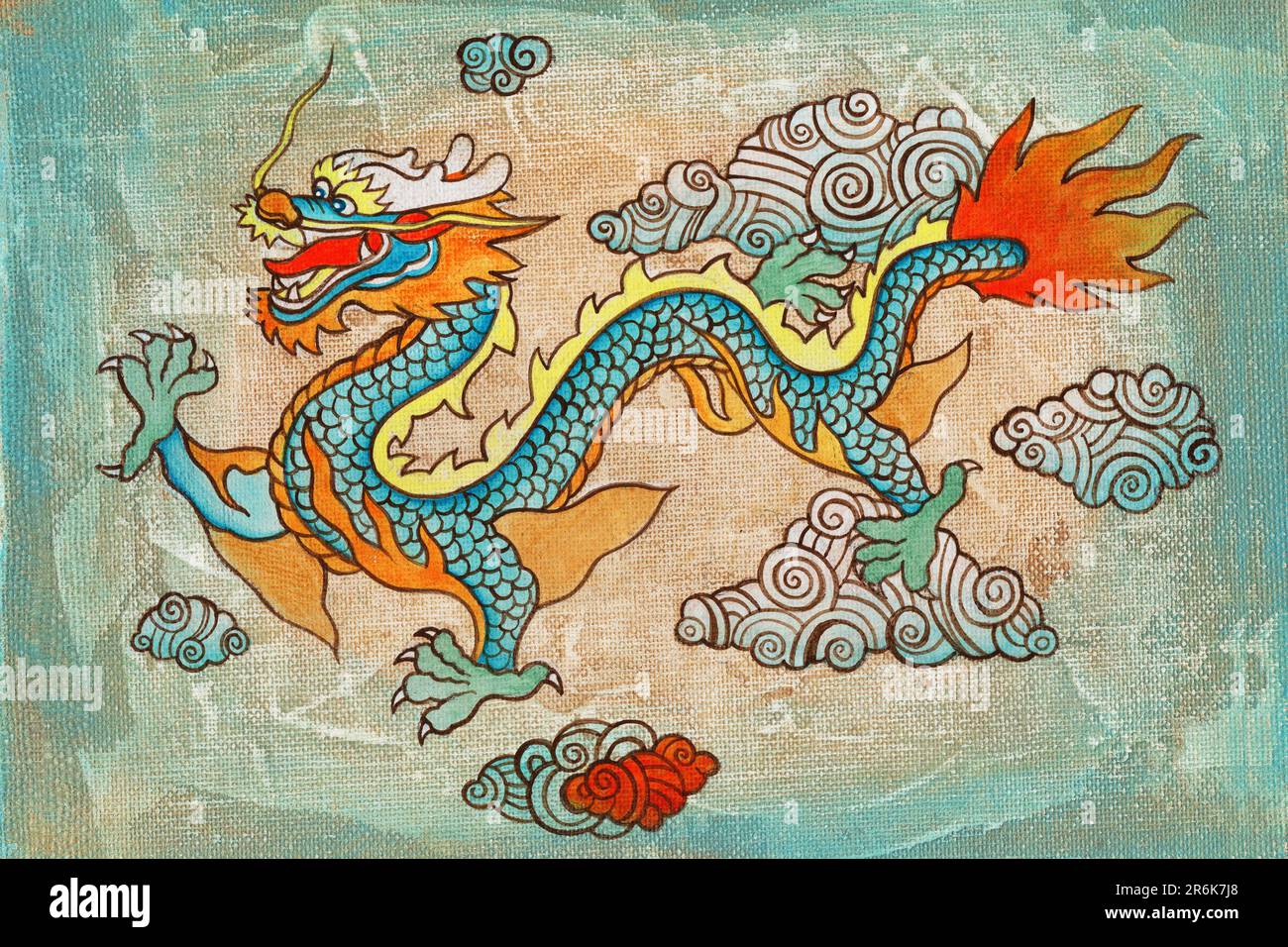 Reproduction Painting Flying Dragon Canvas Acrylic Chinese Style Stock Photo