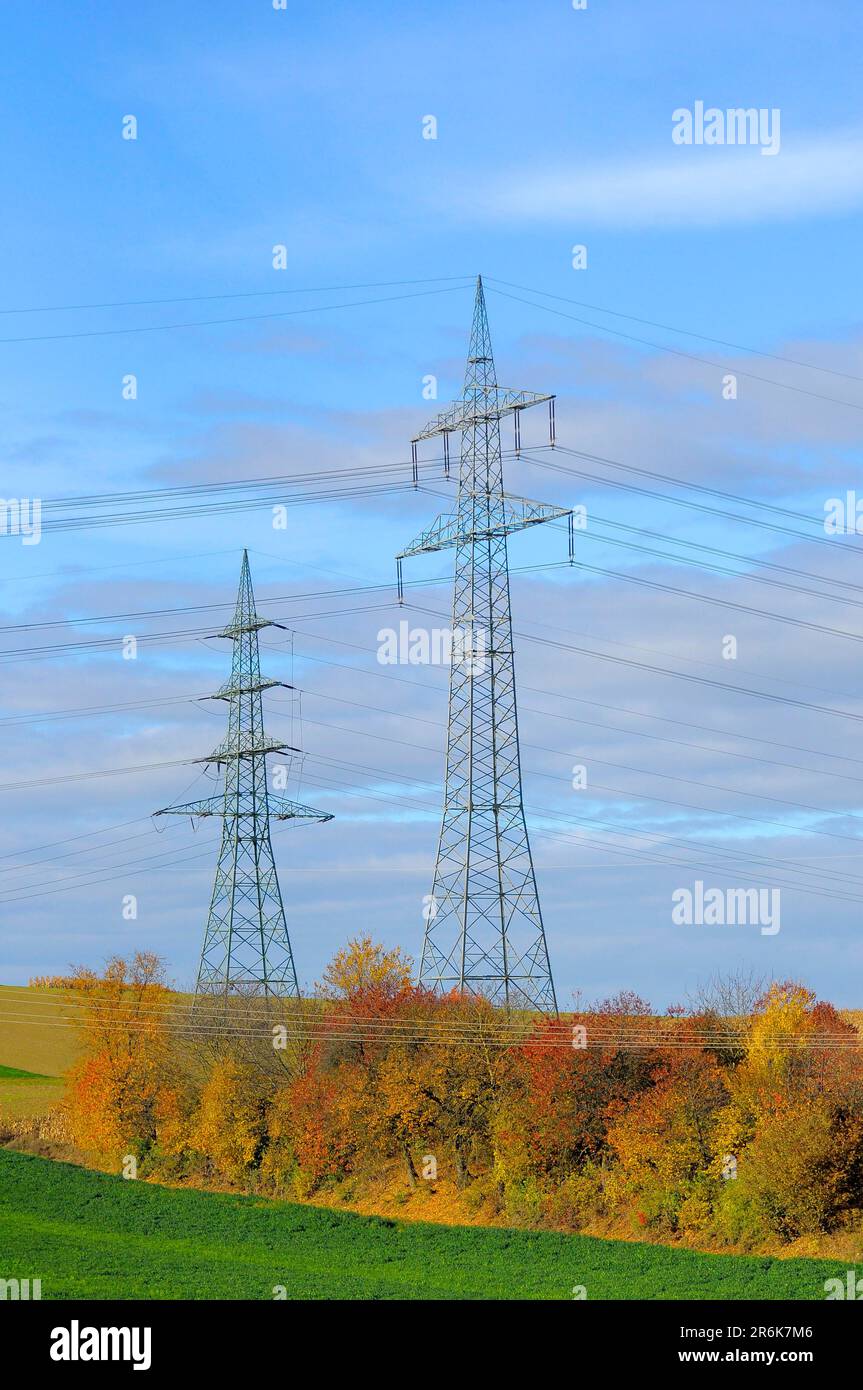 Electric overhead power pole in the field, power poles in the field, power lines, overhead power