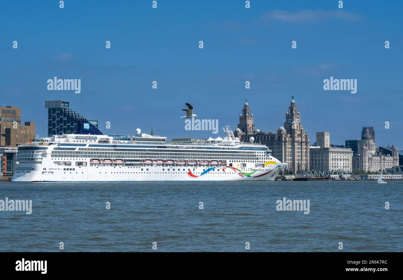 © Jeff Moore 10/06/2023 cruise ship Norwegian Dawn operated by the Norwegian Cruise Linemored at the Royal Albert Dock on the river mersey in Liverpoo Stock Photo