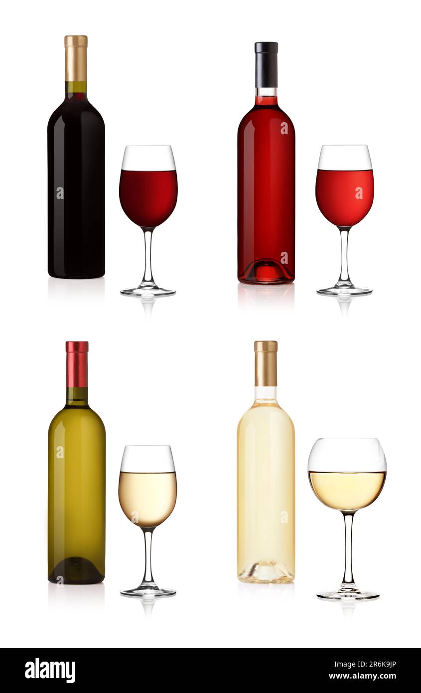Set of white, rose, and red wine bottles and glas. isolated on white ...