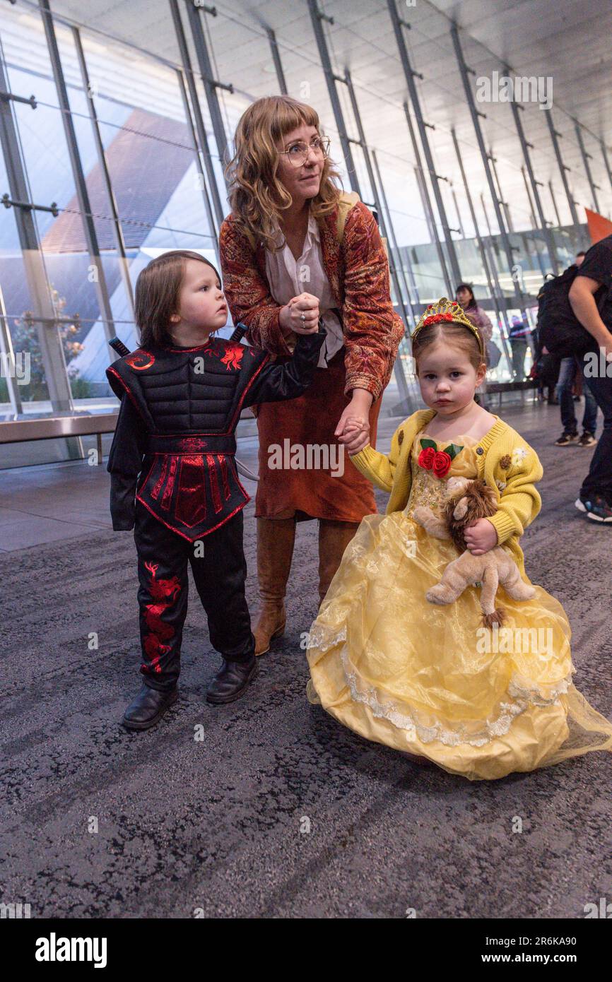 Melbourne, Australia. 10th June, 2023. A family in costumes wait in a