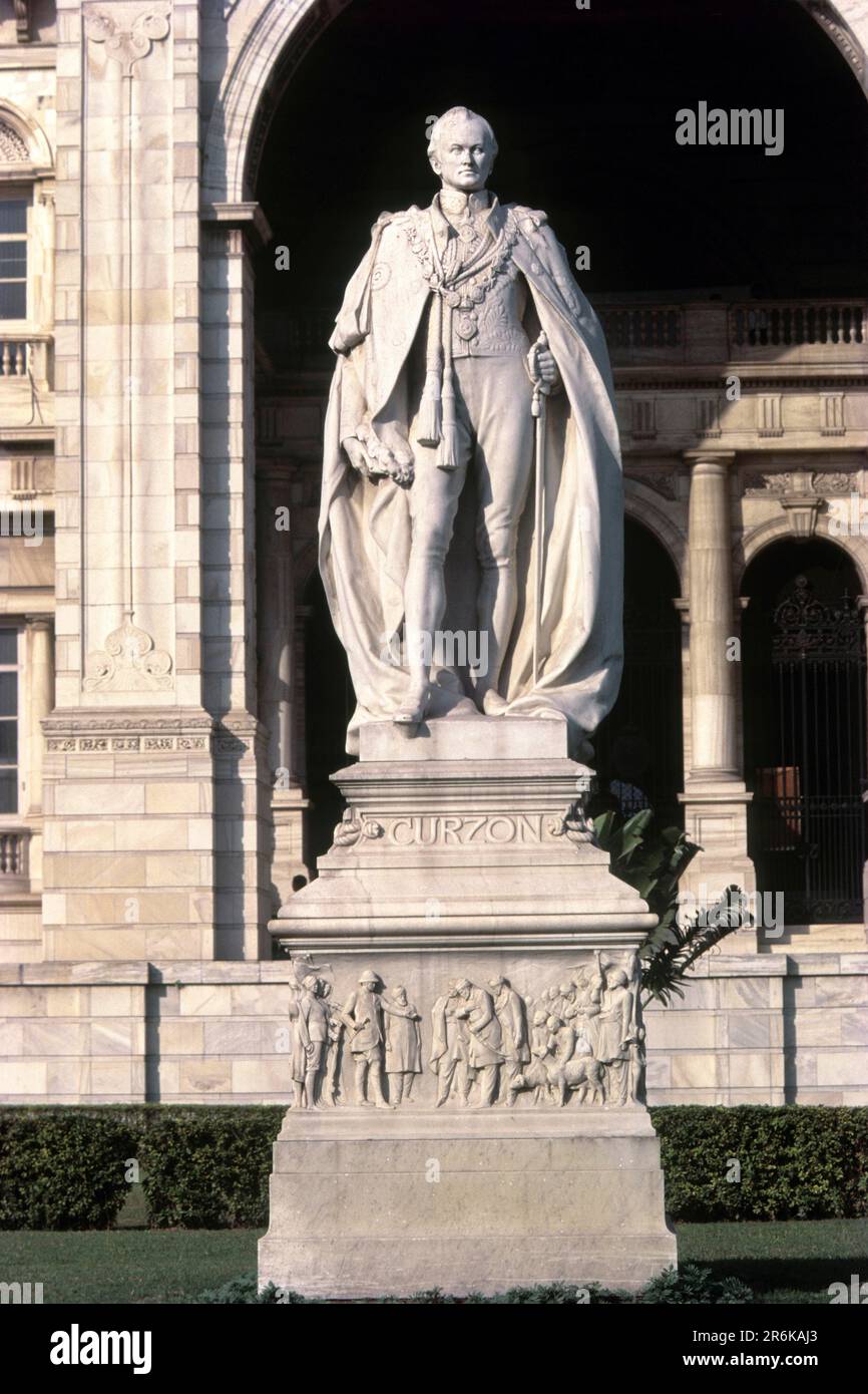 Marble statue of Lord Curzon in front of Victoria memorial in Kolkata or Calcutta, West Bengal