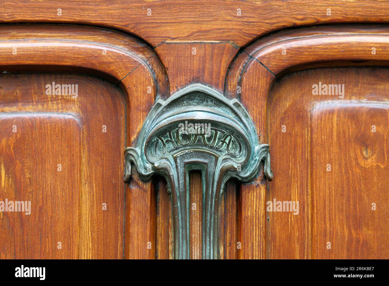Close up of an art nouveau door knocker at the Horta Museum in Brussels, the former home and studio of architect Victor Horta. Stock Photo