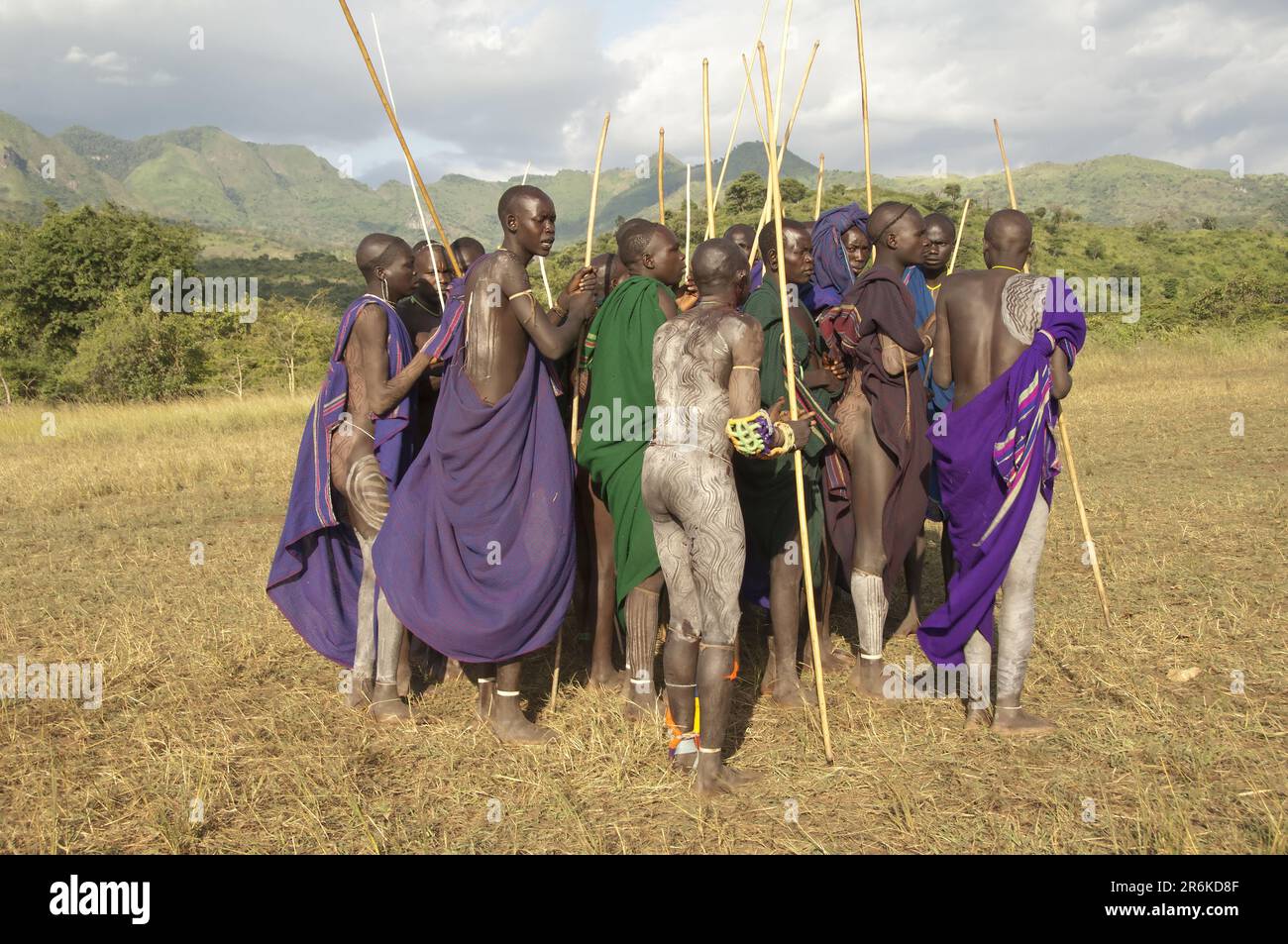 Donga stick fighting ceremony, Surma tribe, Tulgit, Omo Valley, Ethiopia/ Surma Stock Photo