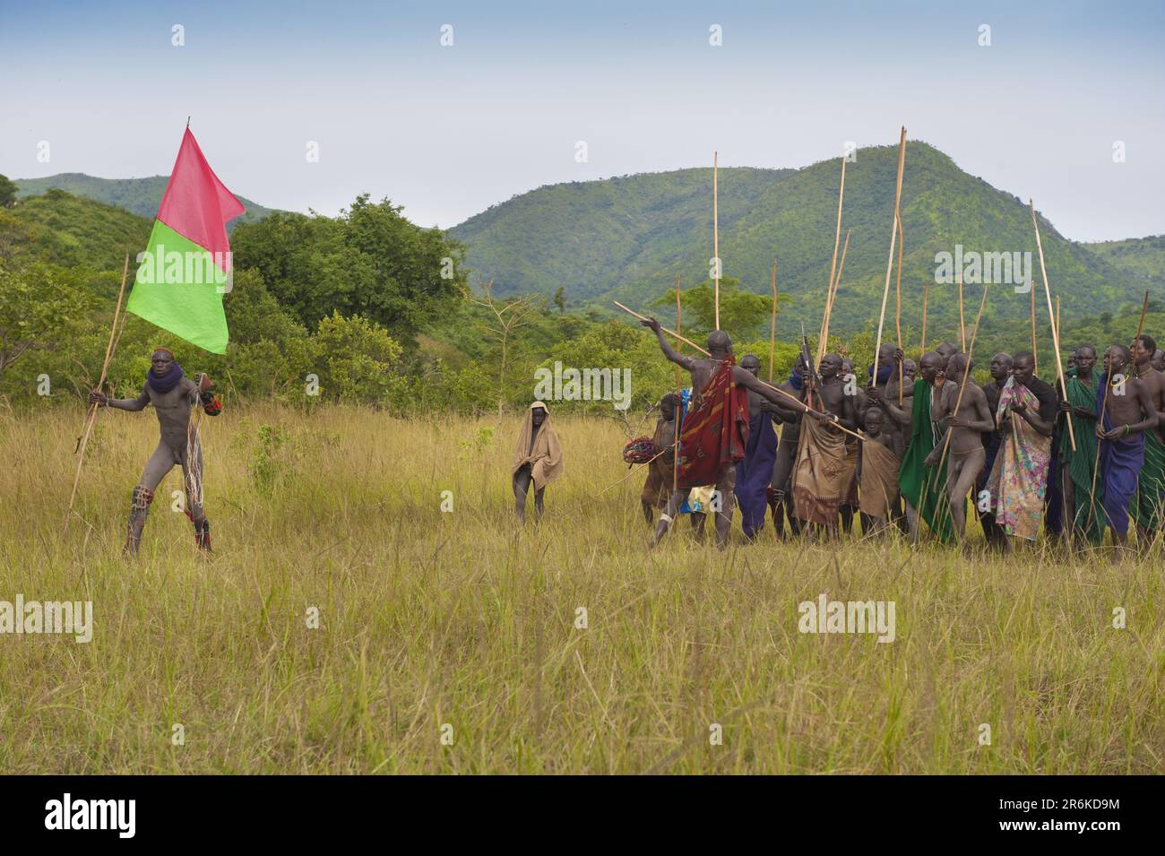 Donga stick fighting ceremony, Surma tribe, Tulgit, Omo Valley, Ethiopia/ Surma Stock Photo