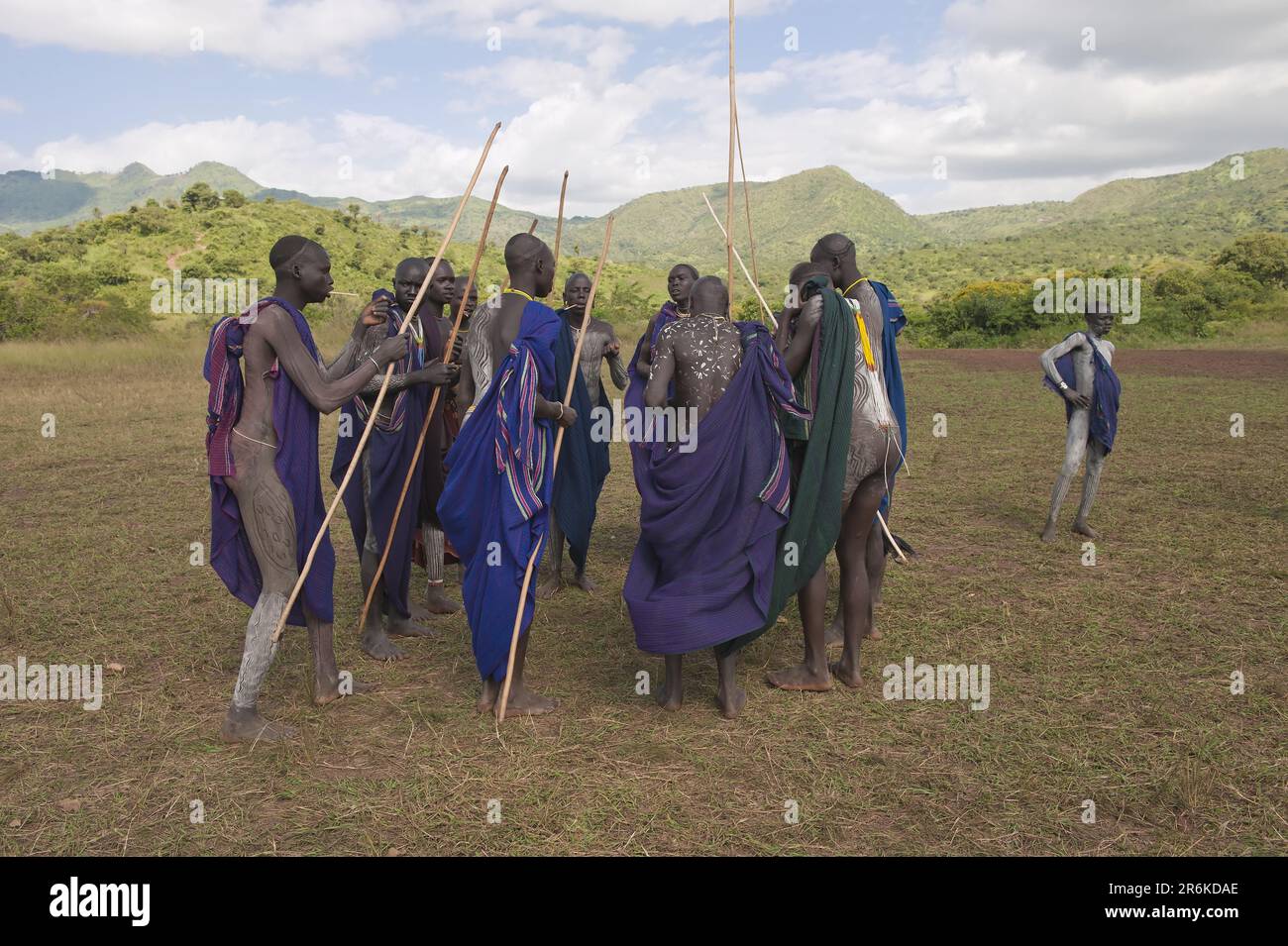 Donga stick fighting ceremony, Surma tribe, Tulgit, Omo Valley, Ethiopia/ Surma Stock Photo