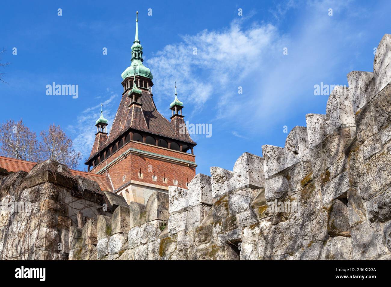 BUDAPEST, HUNGARY - MARTH 13, 2023: These are walls and towers of the Vajdahunyad Castle, an eclectic building in the Varosliget park. Stock Photo